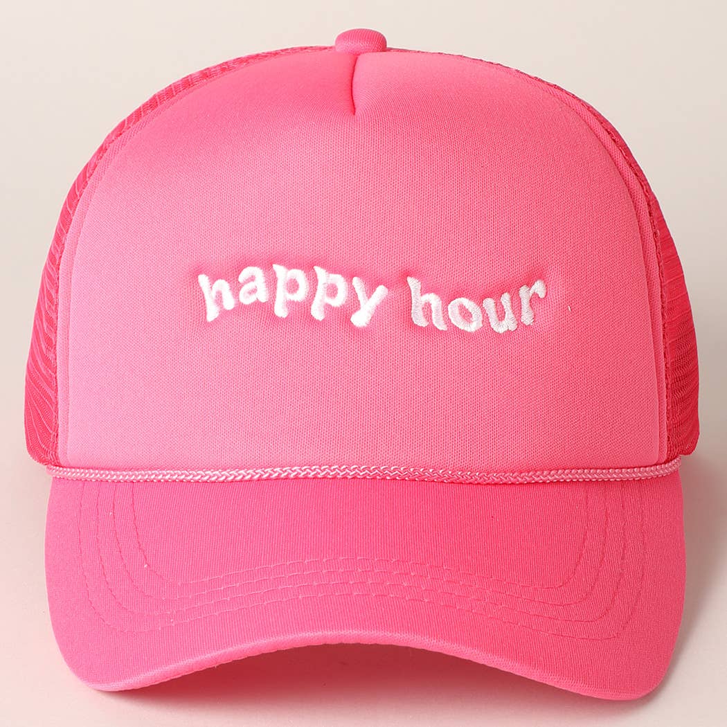 Happy Hour Embroidered Trucker Cap- Pink