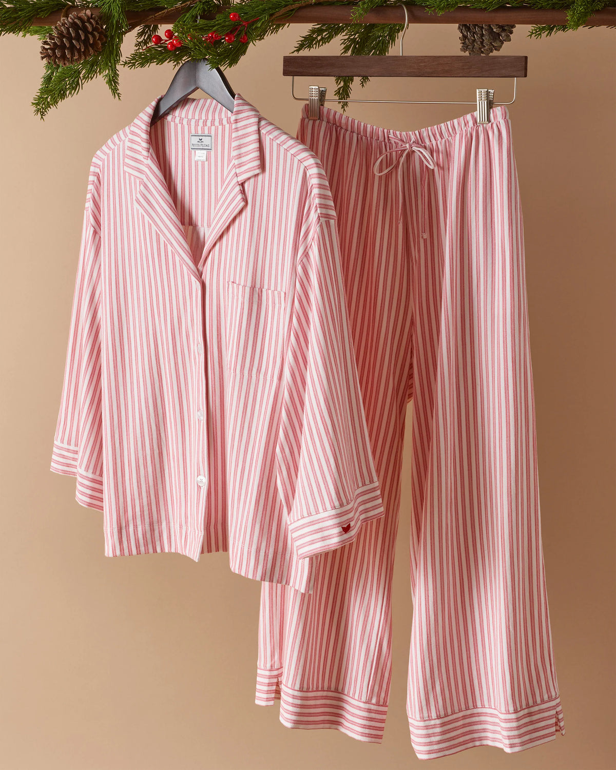 The Olivia Wide Leg Pima Pajama Set in Antique Red Ticking