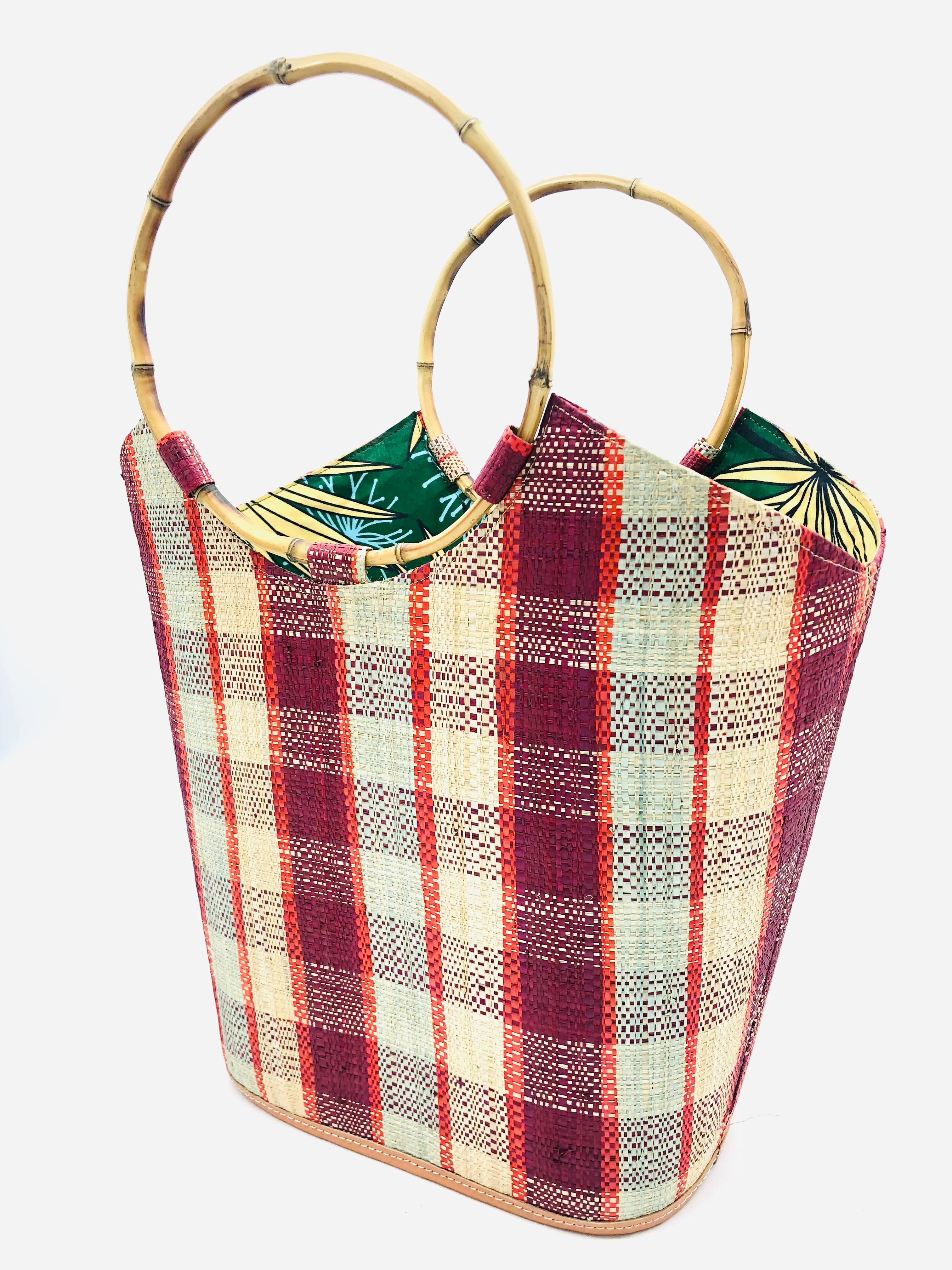 Carmen Gingham Straw Bucket Bag with Bamboo Handles