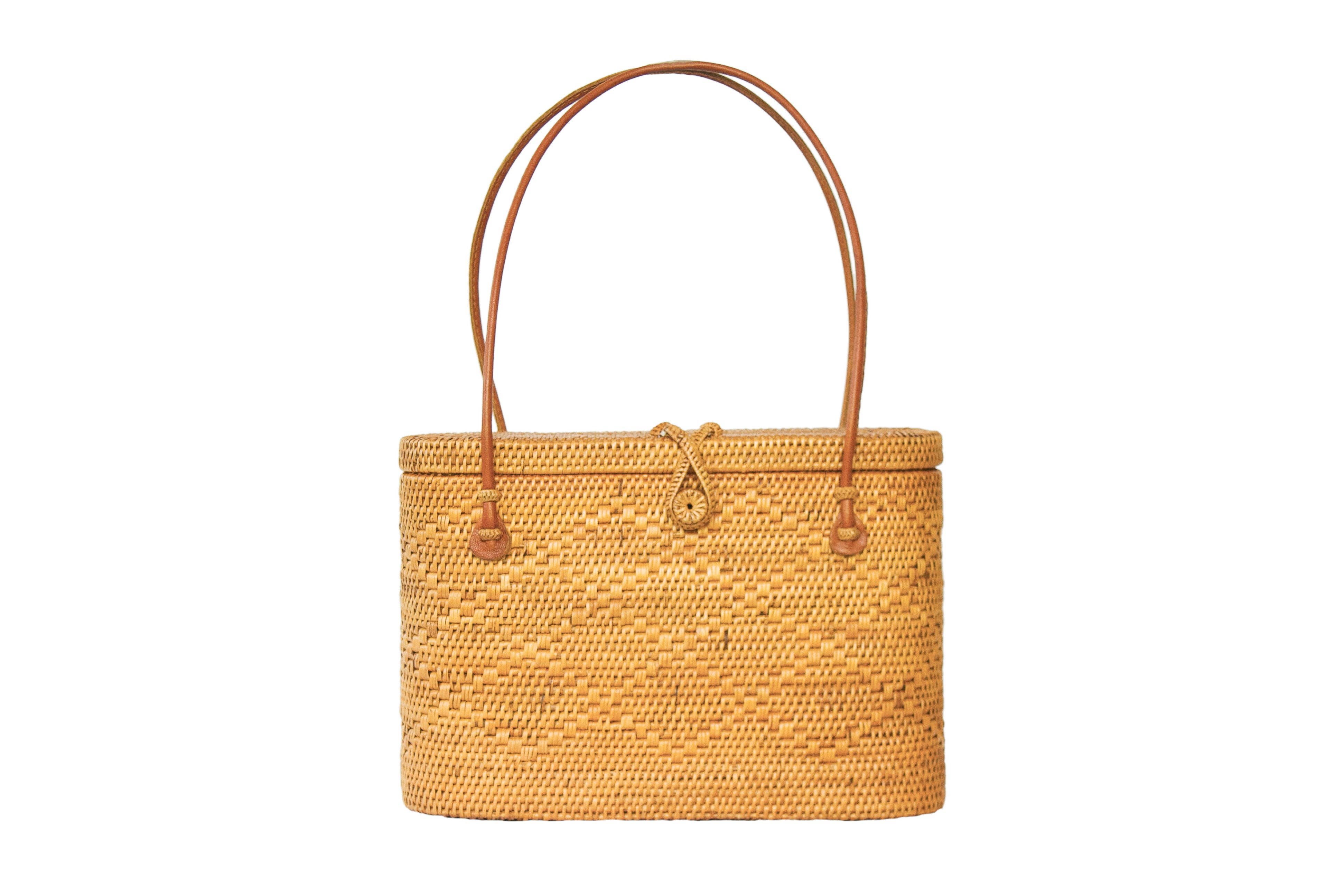 Flat Top Rattan Basket Shoulder Tote Bag