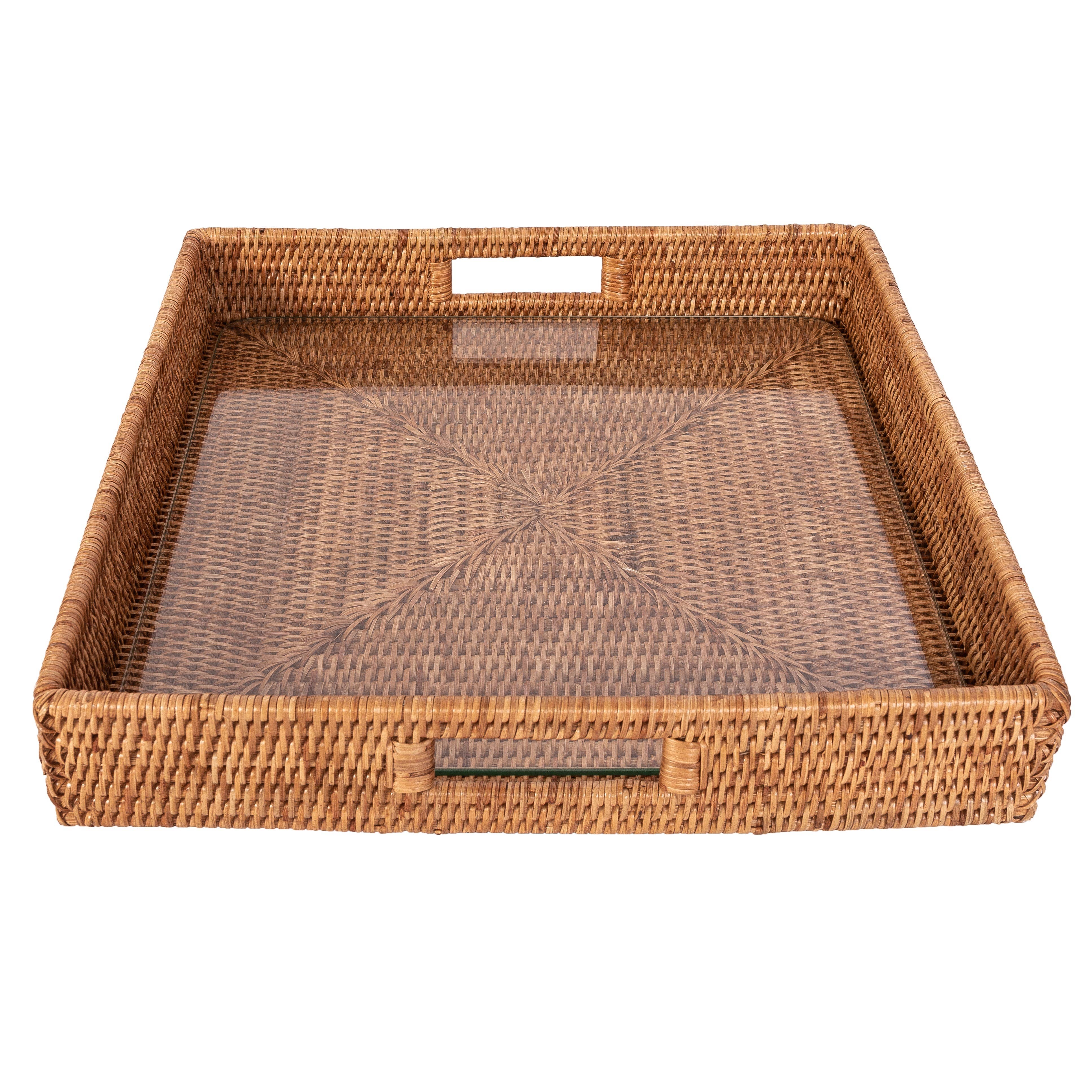 Rattan Square Serving Tray with Glass Insert