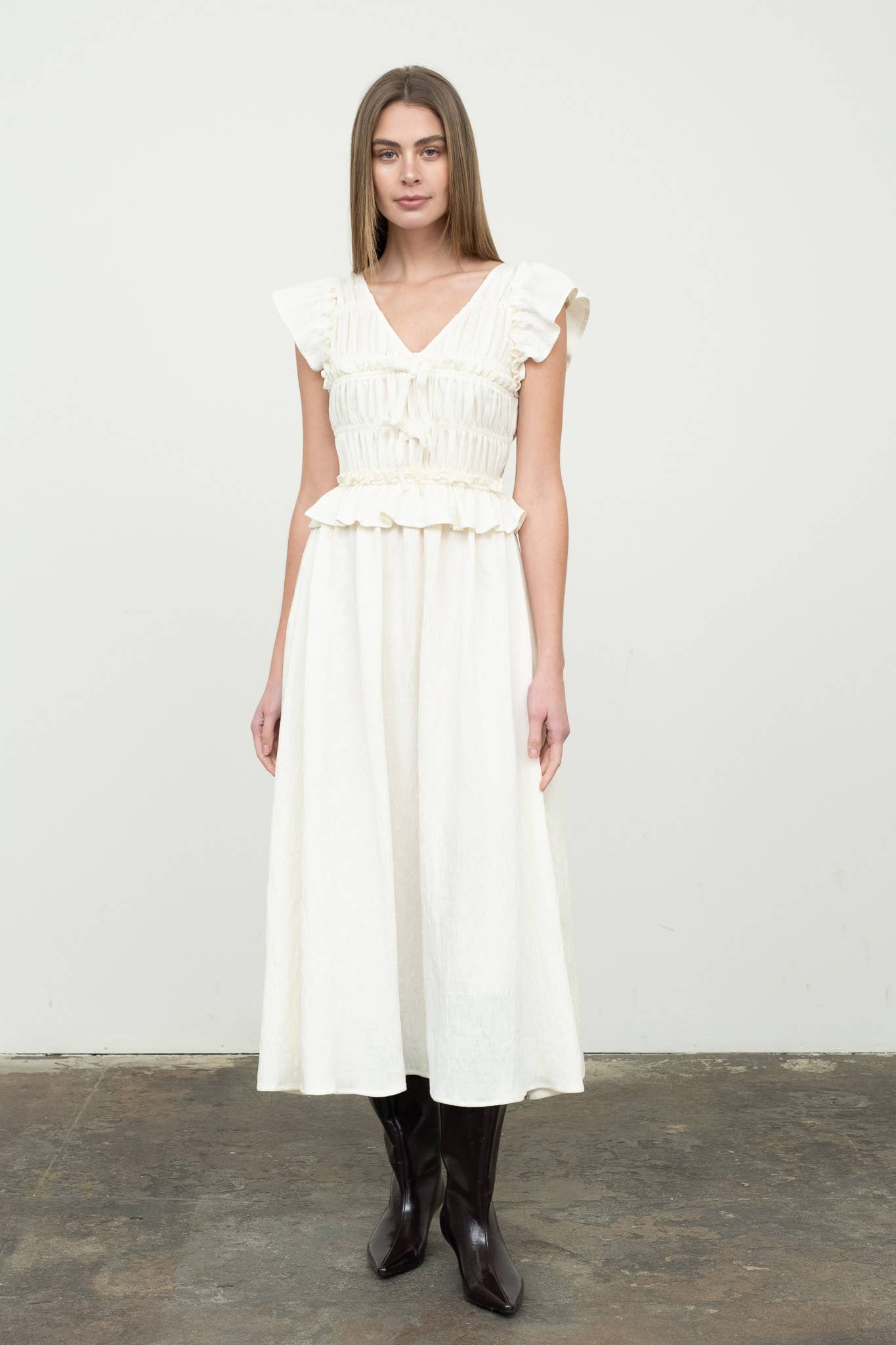 SHIRRED V NECK RUFFLE TRIM MIDI DRESS