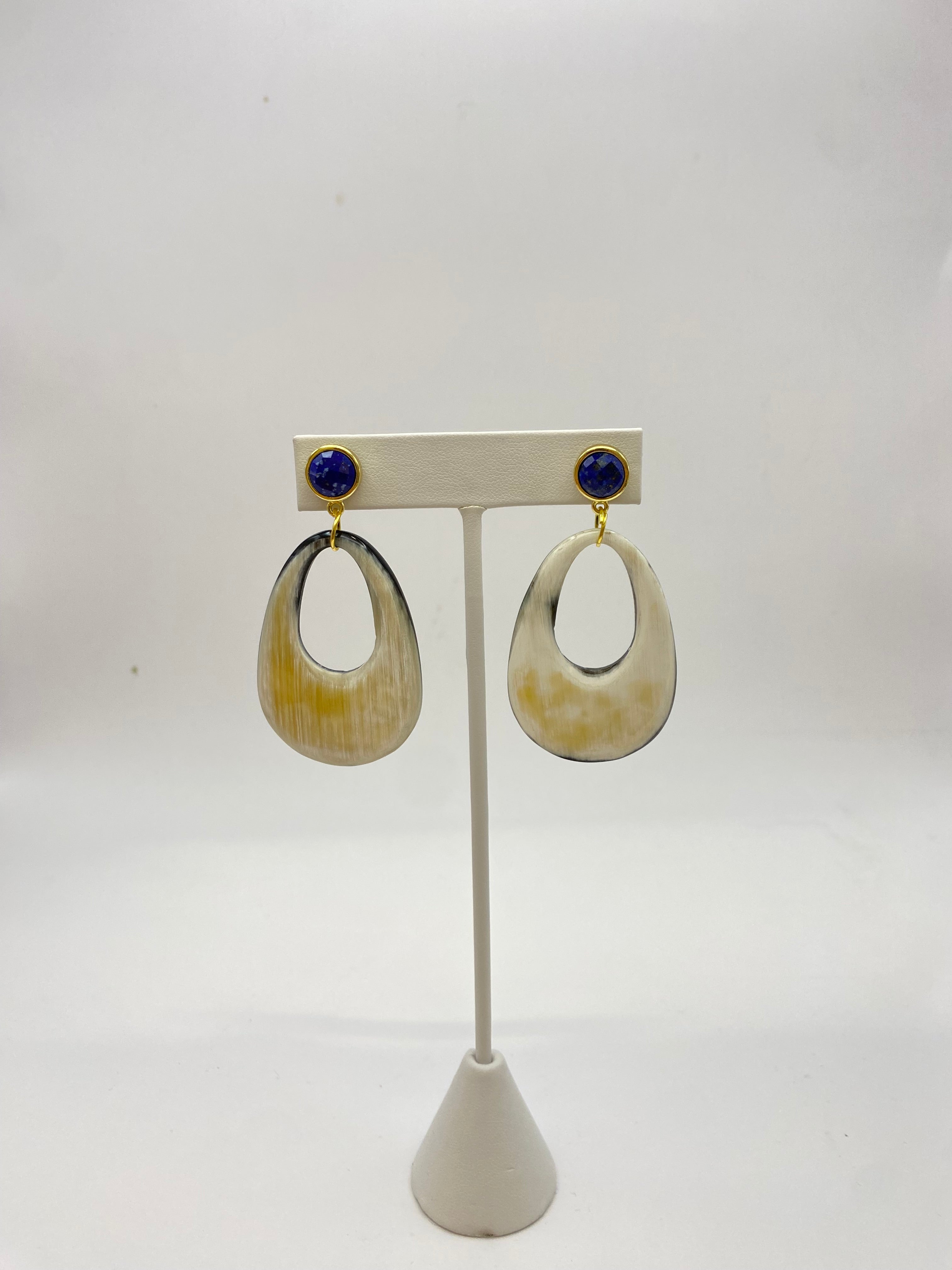 Horn Earring with Faceted Blue Stone