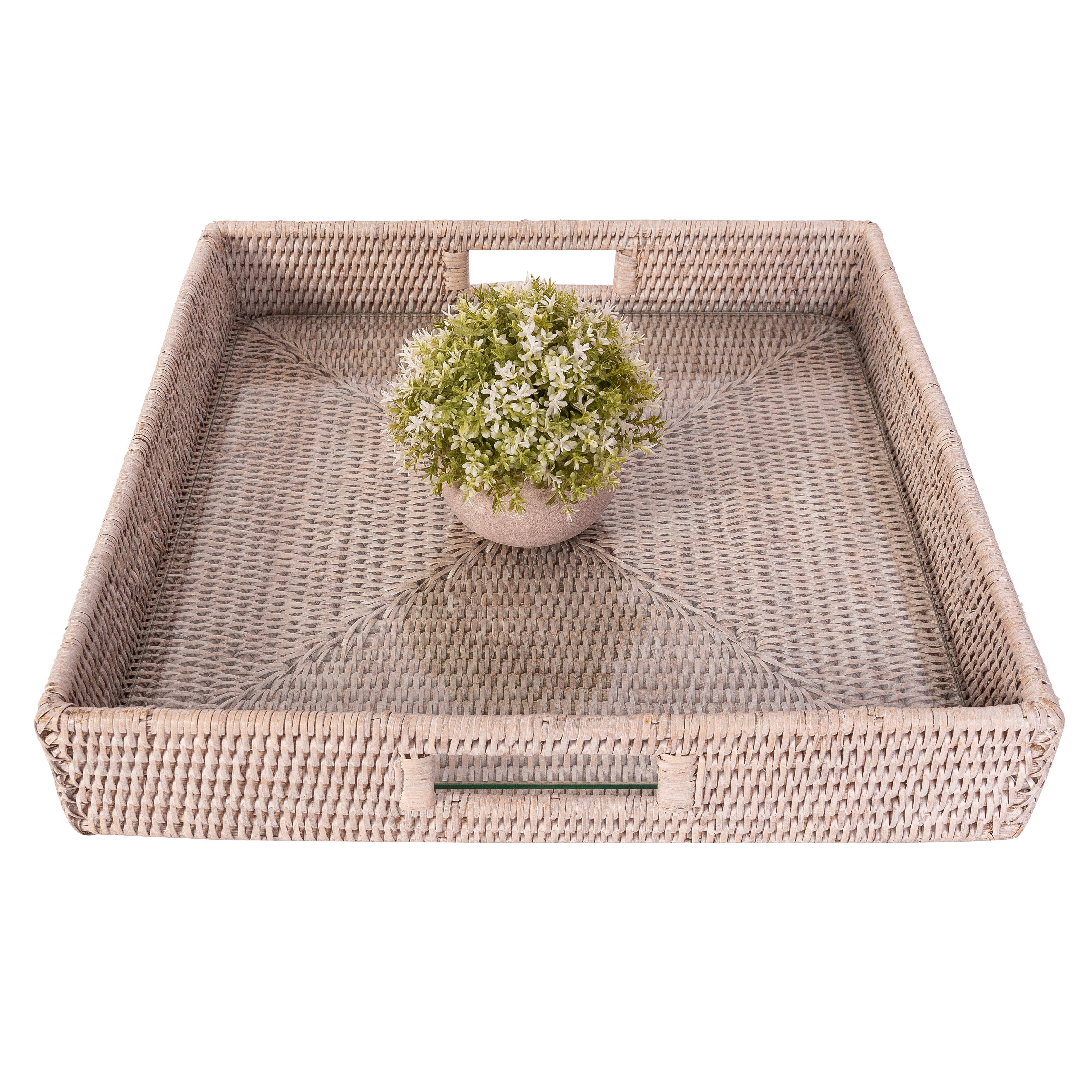Rattan Square Serving Tray with Glass Insert