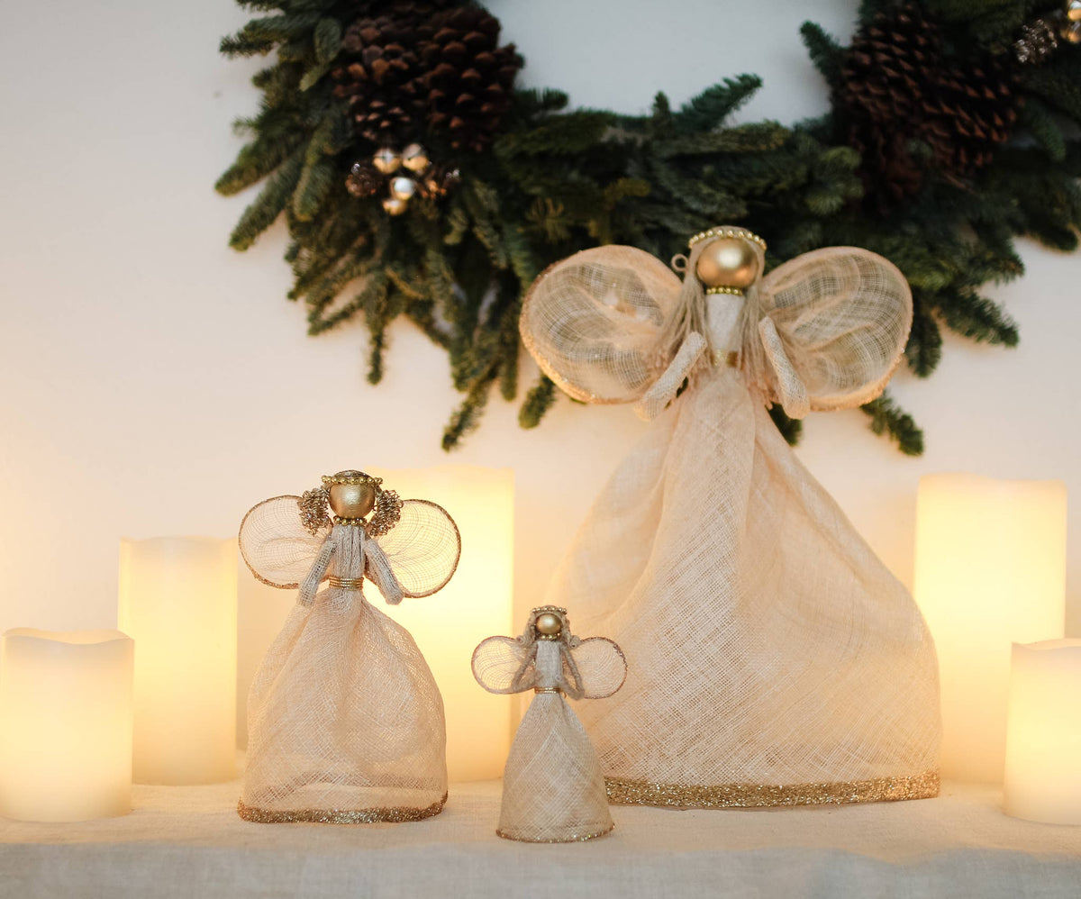 14" Sinamay Angel Tree Topper w/Glittered Edges (Nat/Gold)