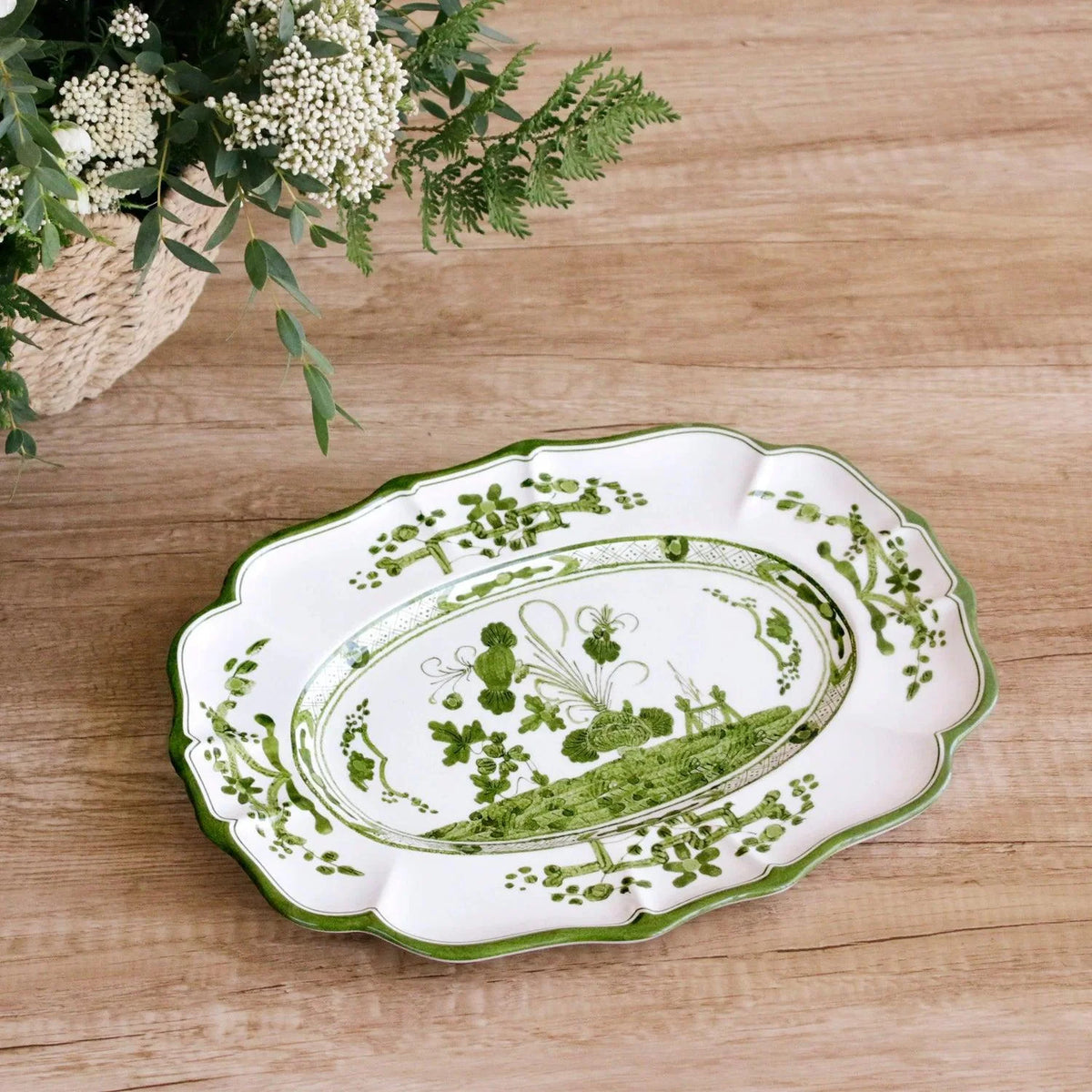VIDA Faenza Long Oval Platter (Green and White)