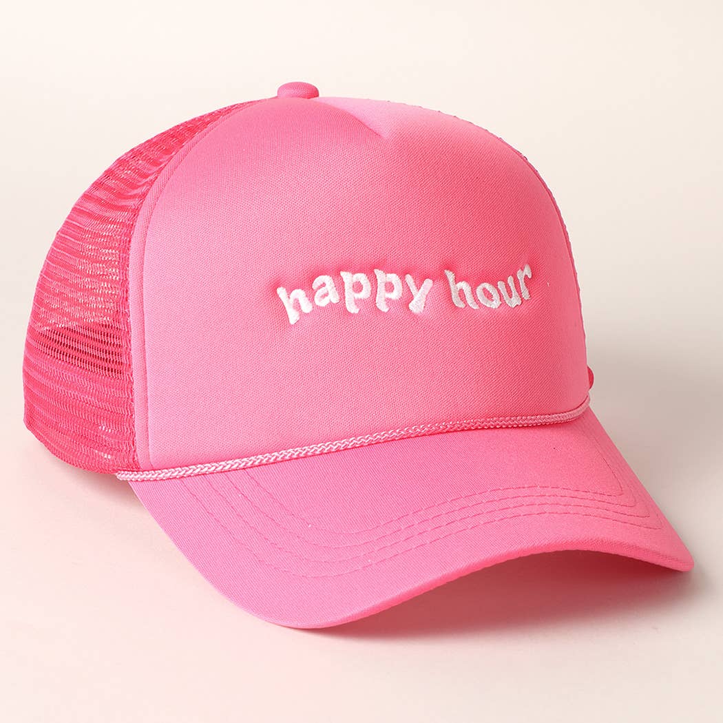 Happy Hour Embroidered Trucker Cap- Pink