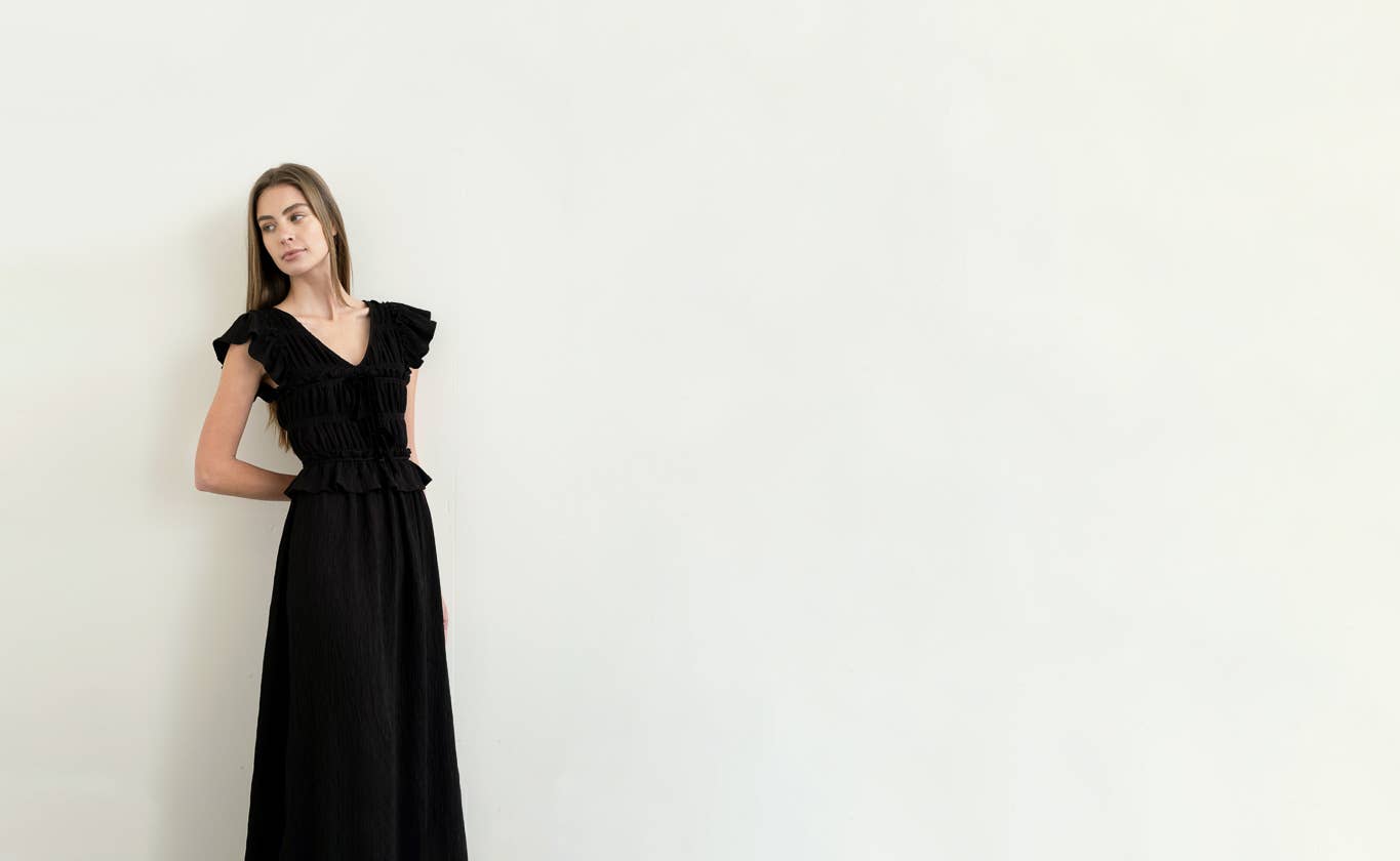 SHIRRED V NECK RUFFLE TRIM MIDI DRESS