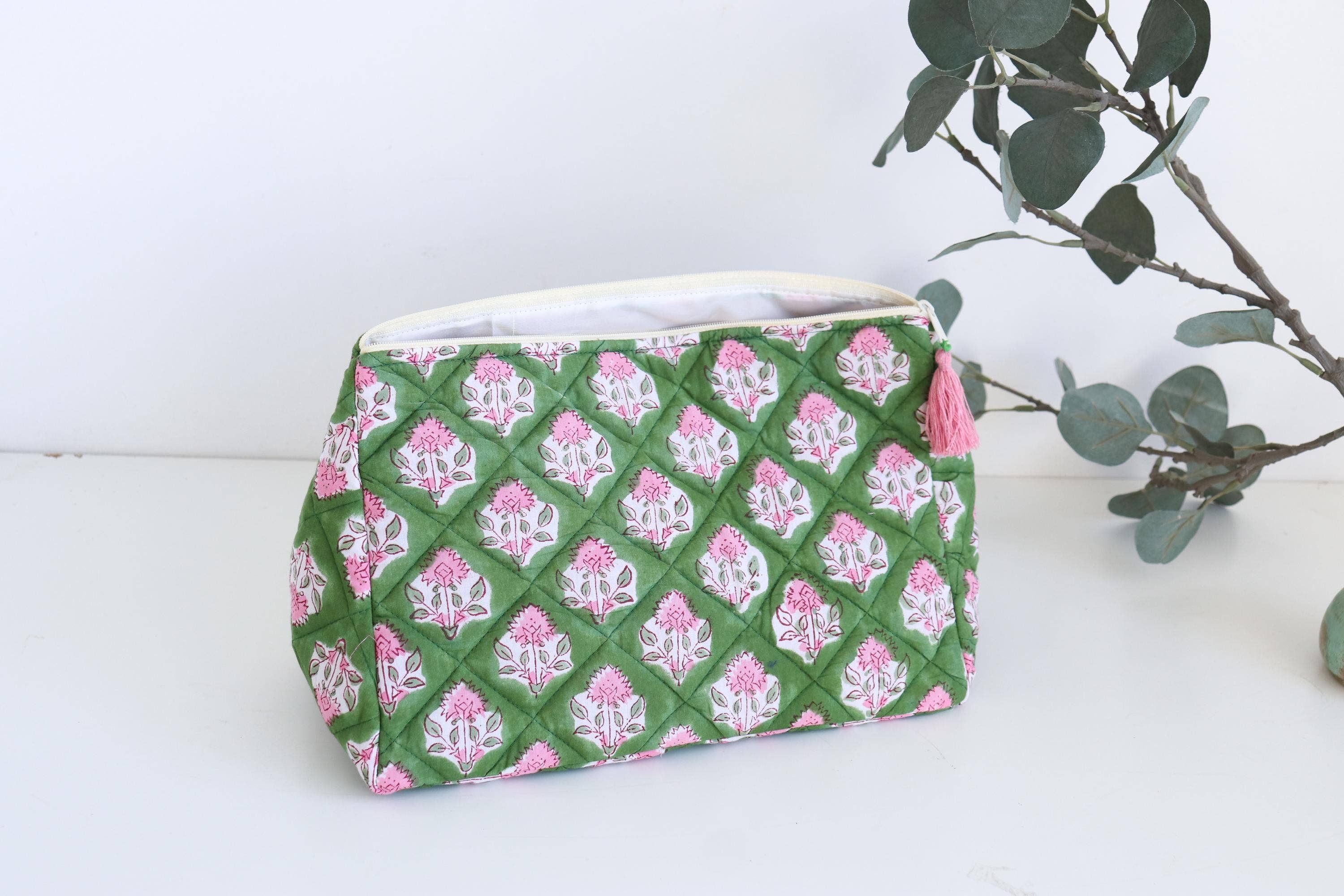 Boho Cotton Triangle Pouch- Pink and Green Floral