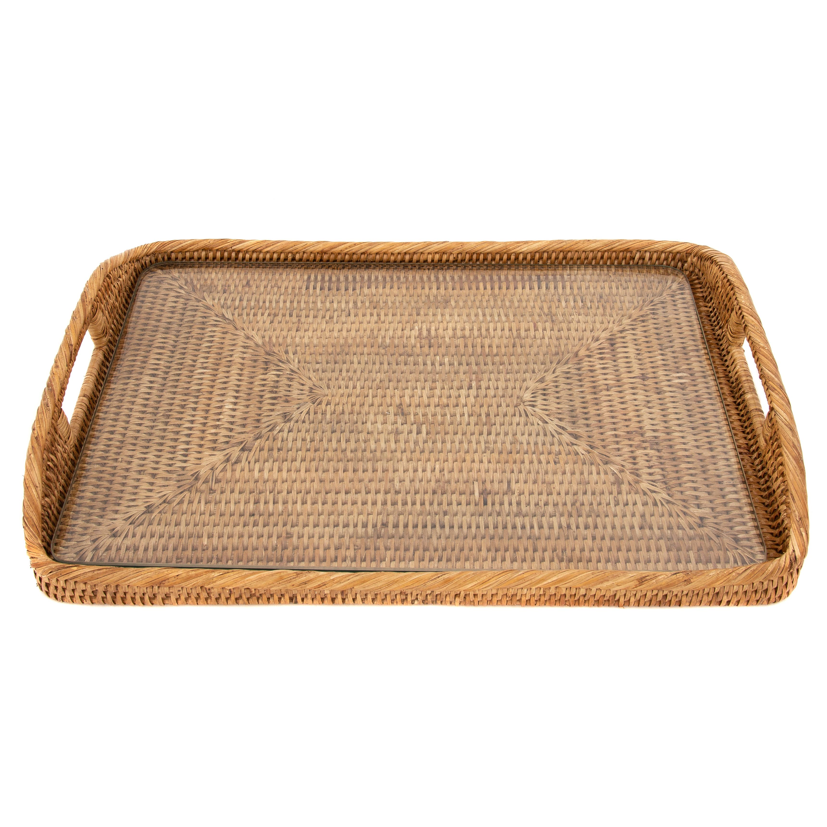 Rattan Rectangular Serving Tray with Glass Insert