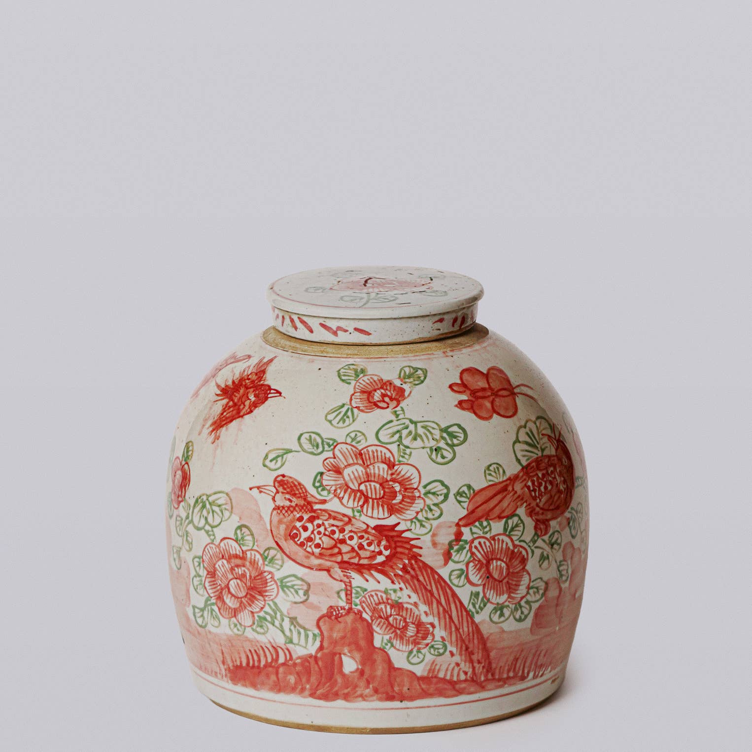 Pink & Green Rustic Porcelain Bird & Flower Med. Lidded Jar