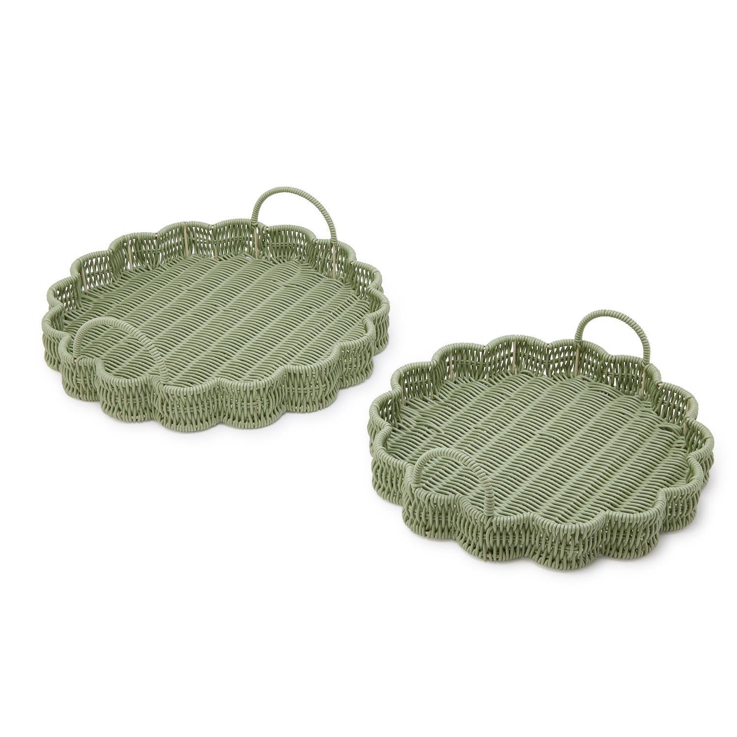All Weather Wicker Scallop Edge Green Round Serving Tray with Handles - Plastic/Iron