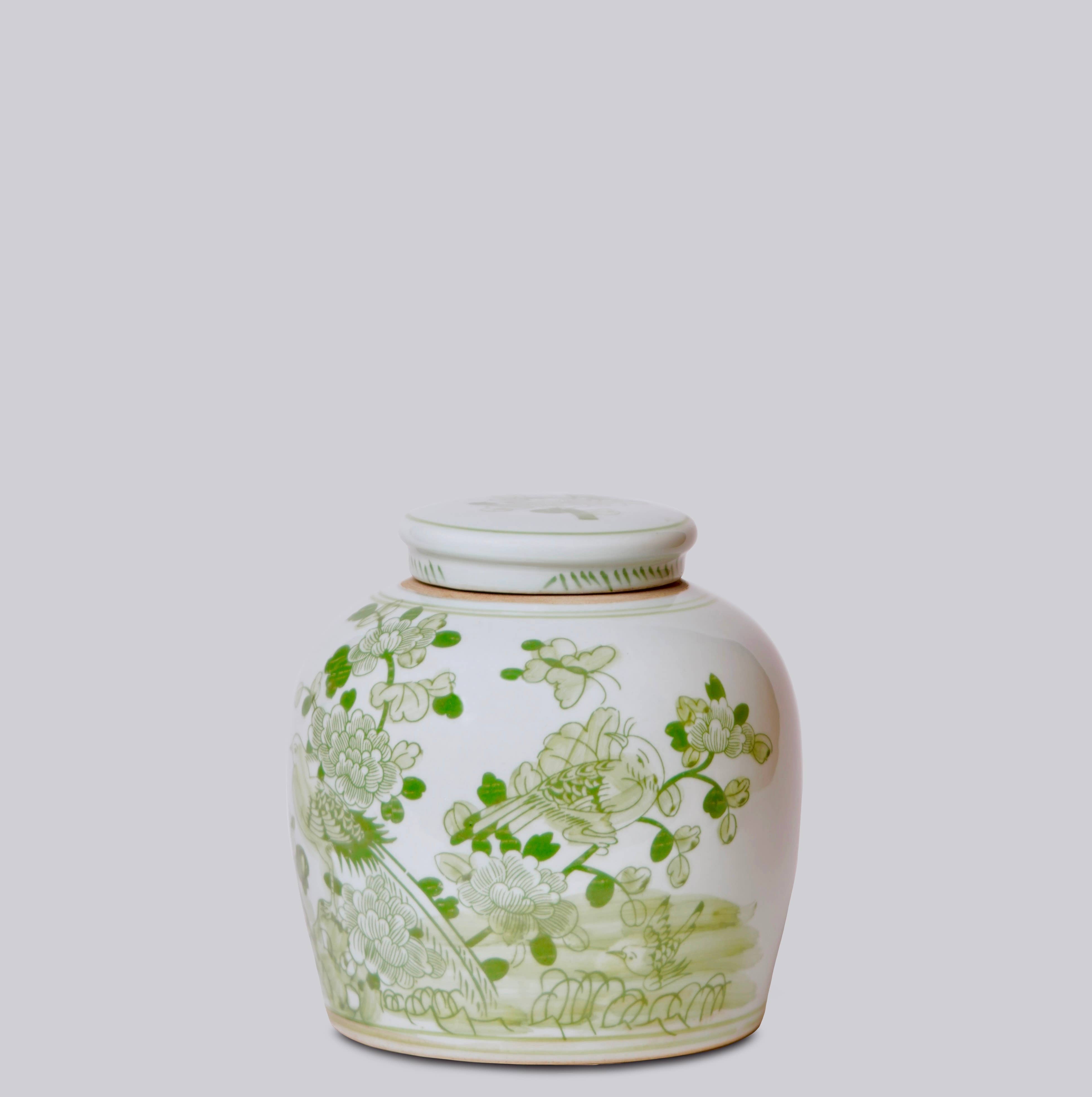 Bird & Flower Green and White Porcelain Jar