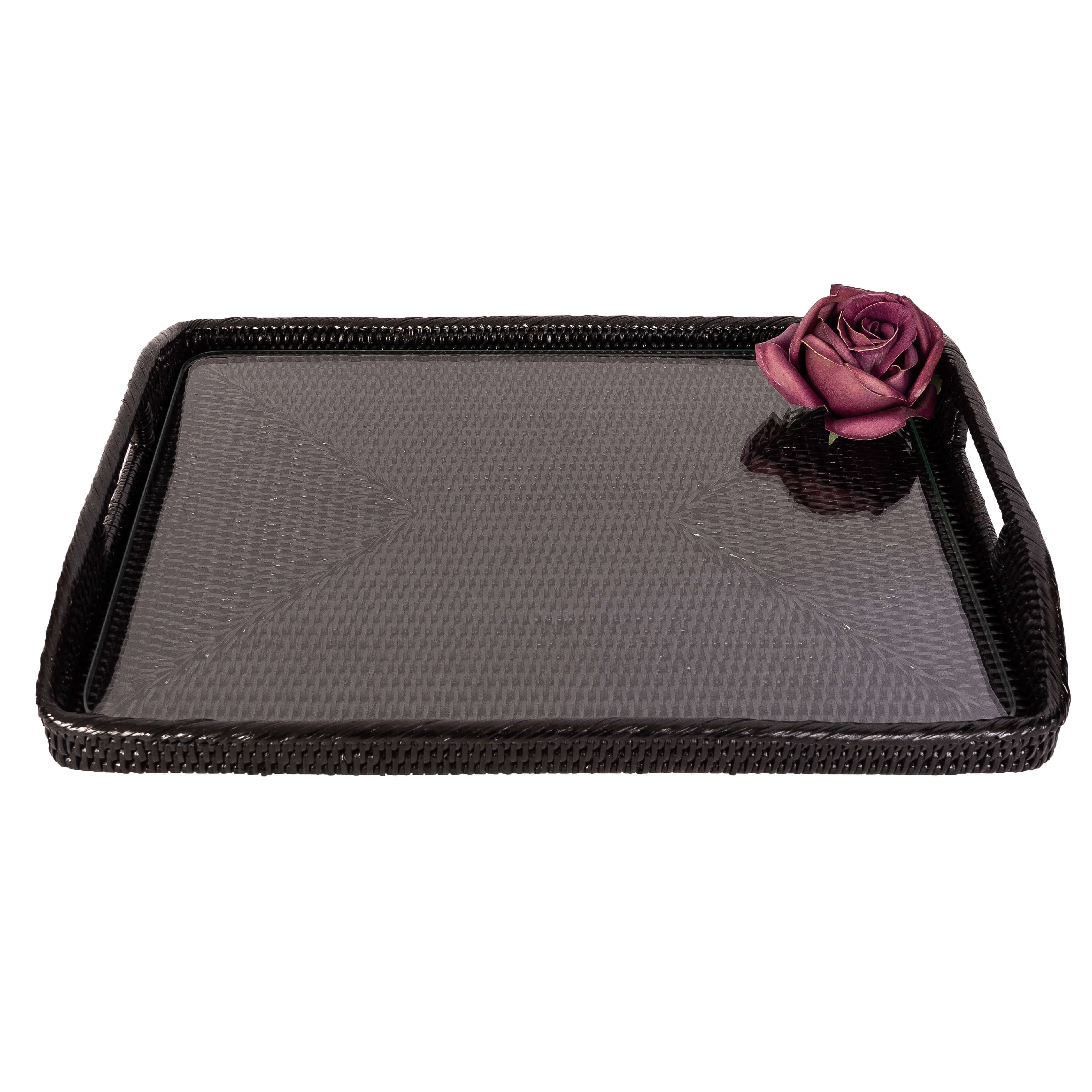 Rattan Rectangular Serving Tray with Glass Insert