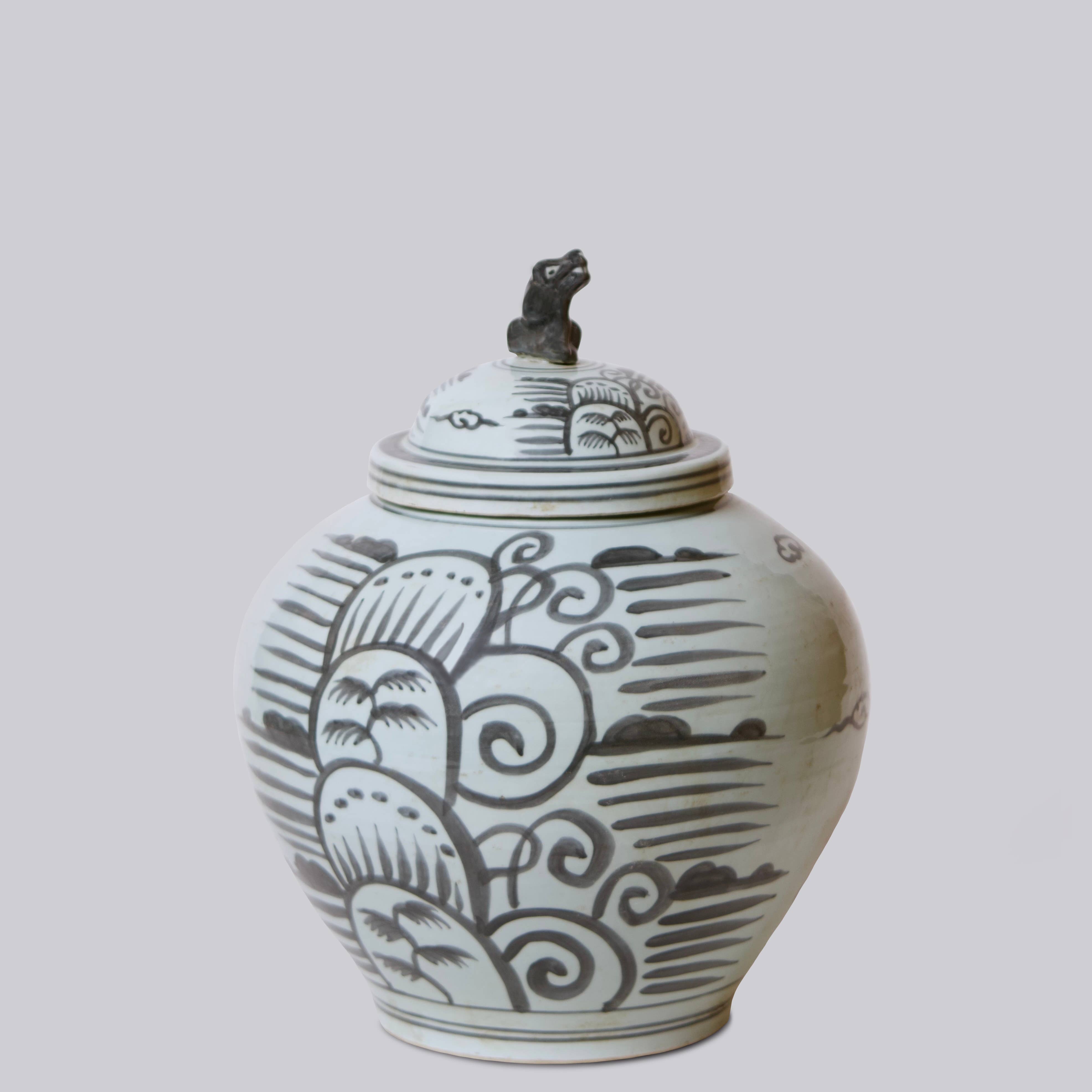 Rustic Grey and White Porcelain Mountain Landscape Jar