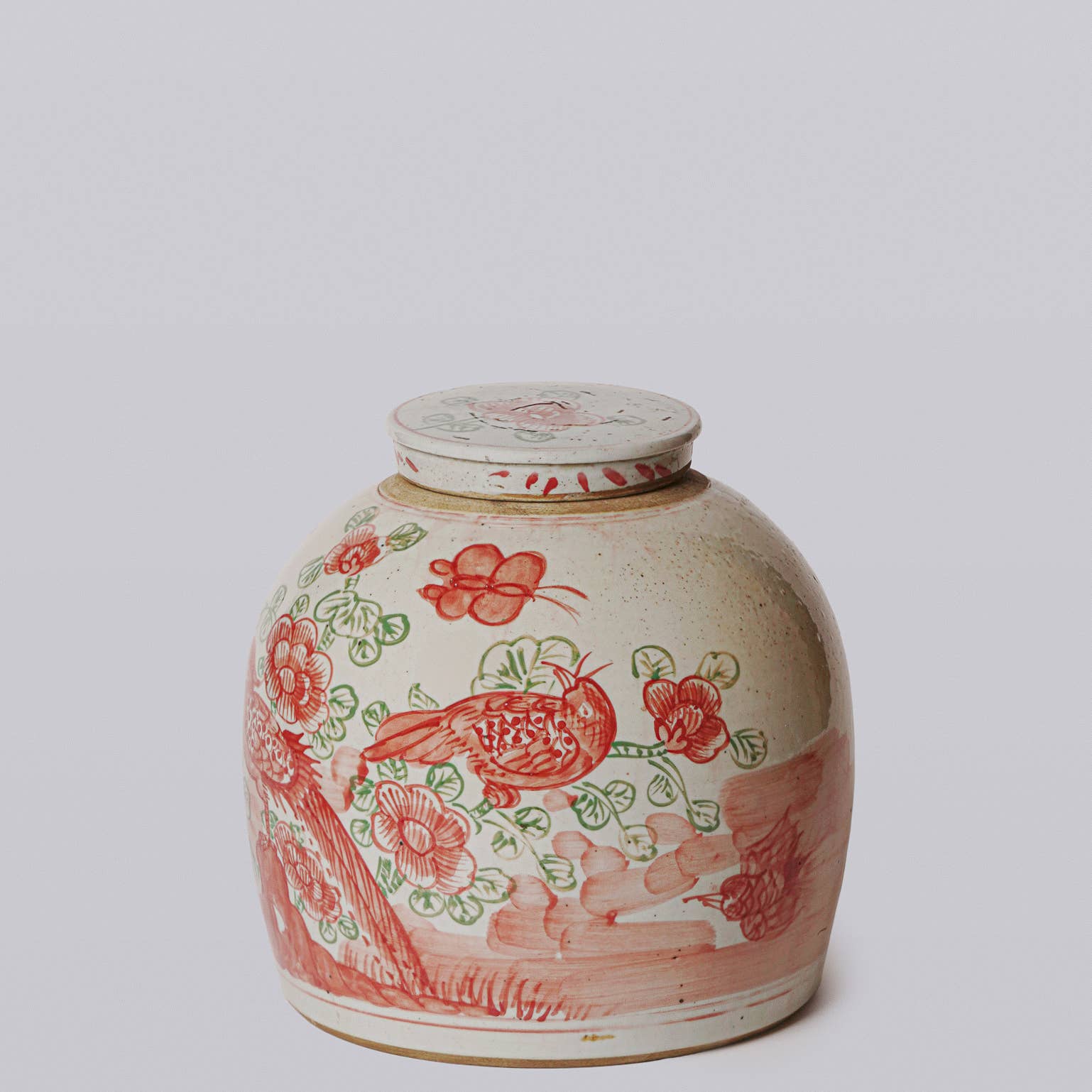 Pink & Green Rustic Porcelain Bird & Flower Med. Lidded Jar