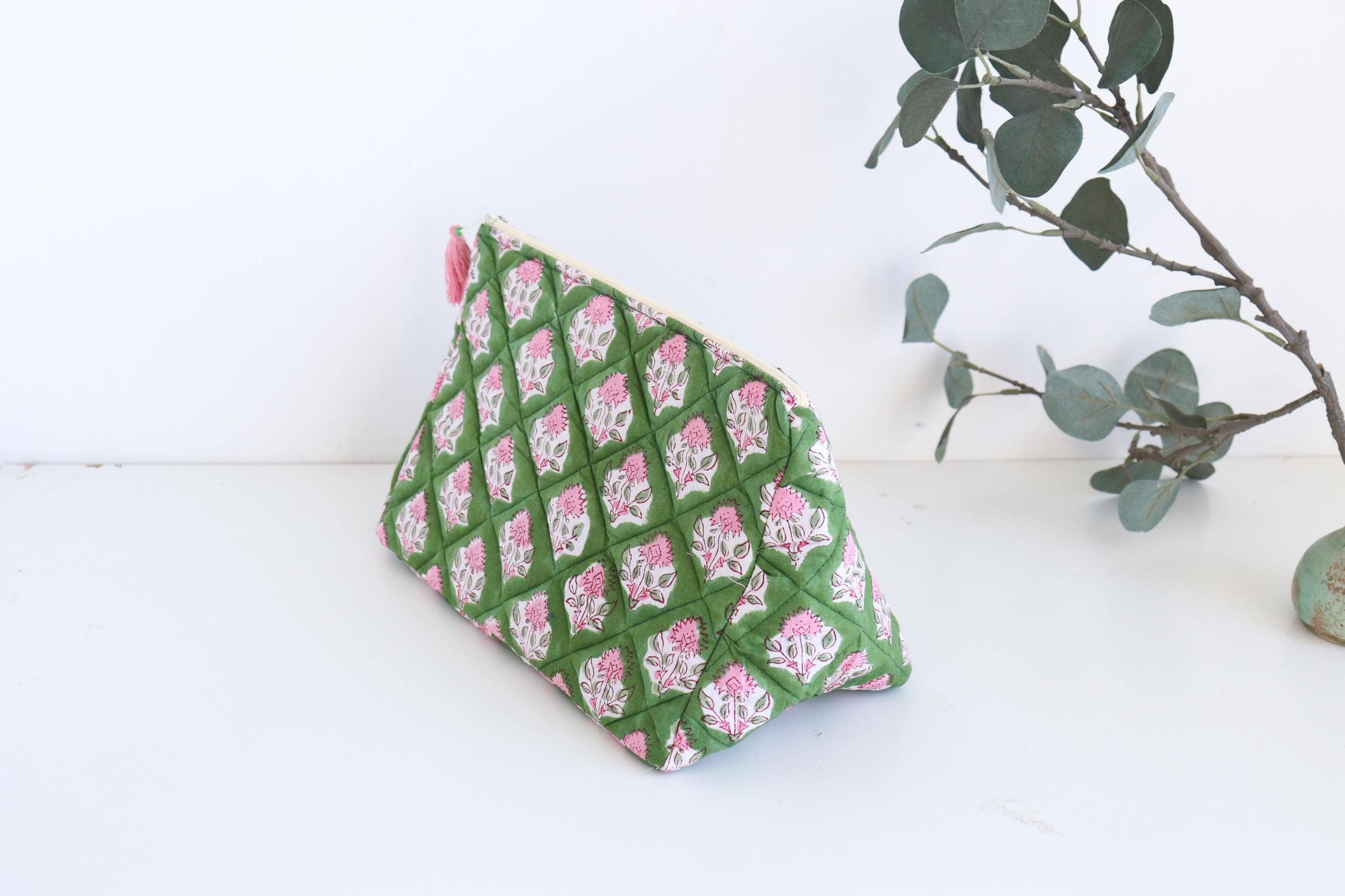 Boho Cotton Triangle Pouch- Pink and Green Floral
