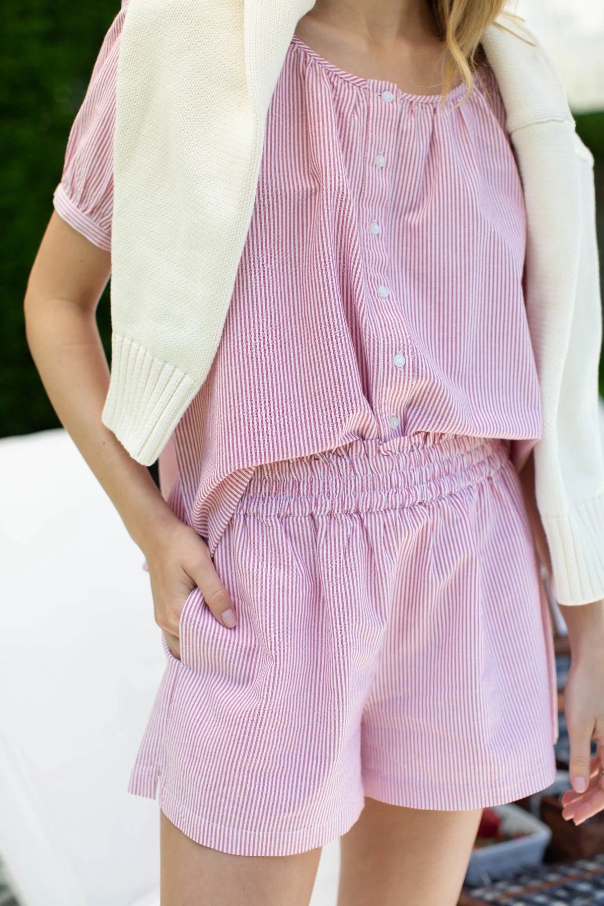 Ava Shorts- Red Seersucker