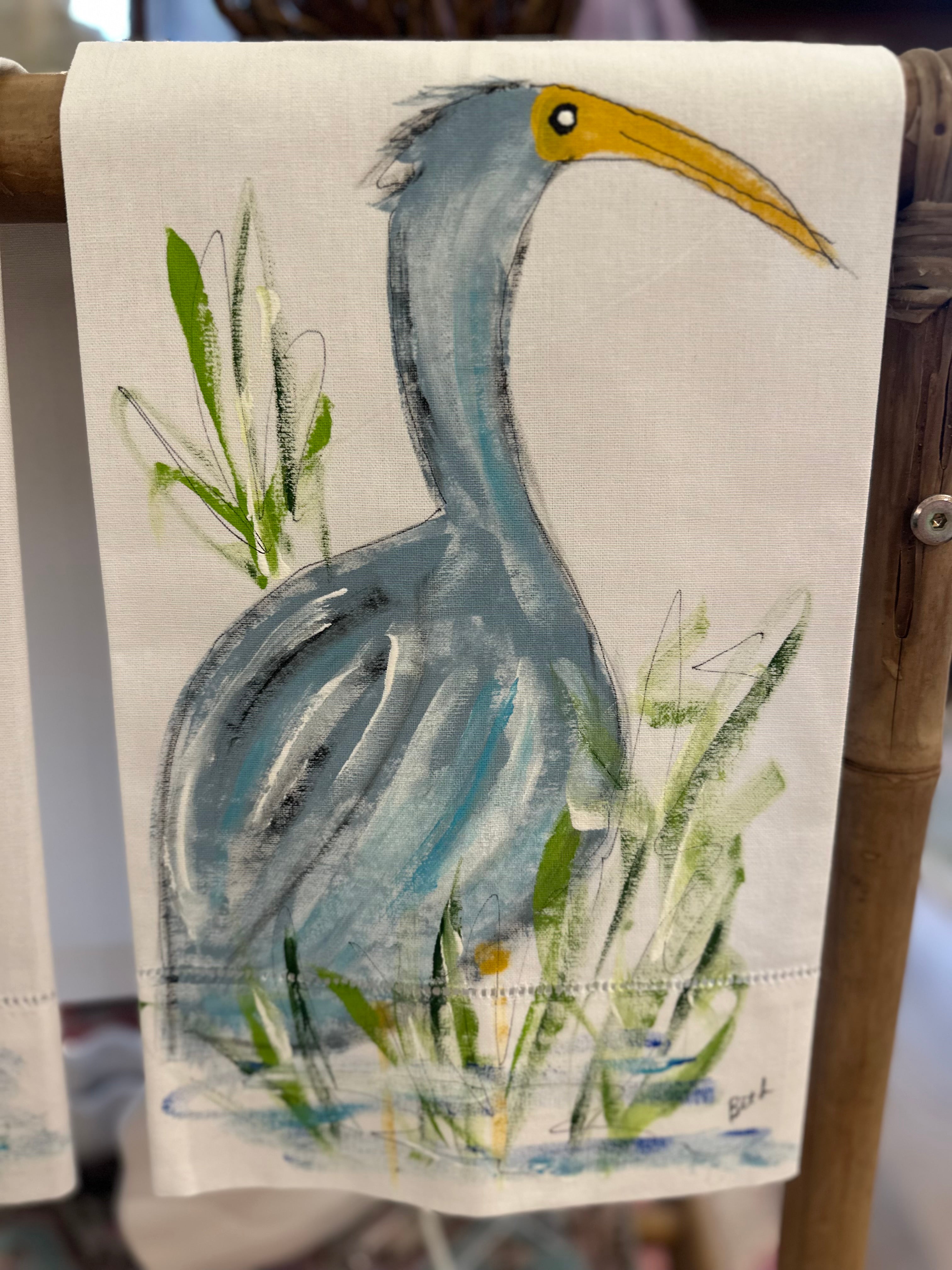 Home Spun Cotton Towel- Hand Painted Heron