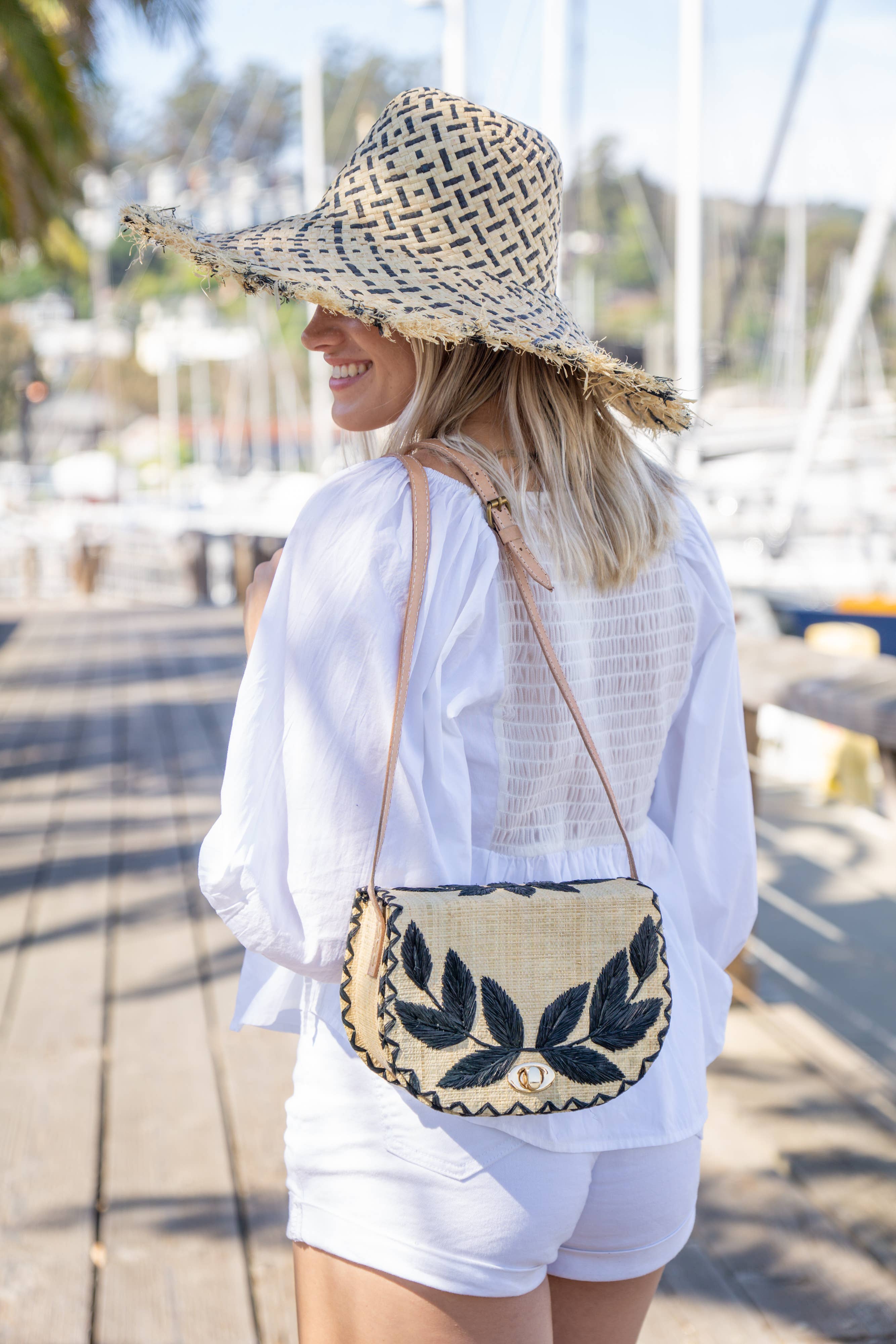 70's Embroidered Vines Straw Crossbody Bag
