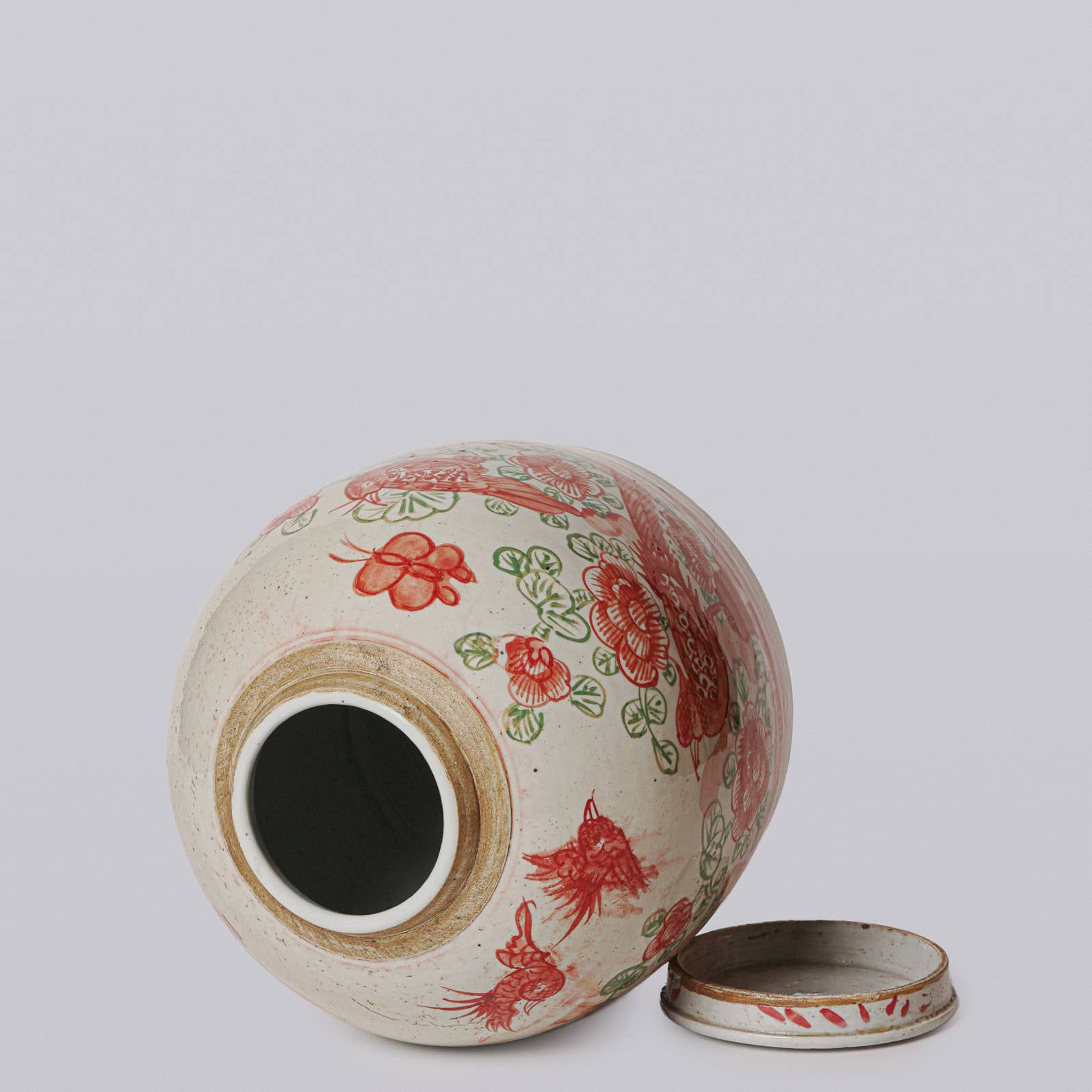 Pink & Green Rustic Porcelain Bird & Flower Med. Lidded Jar