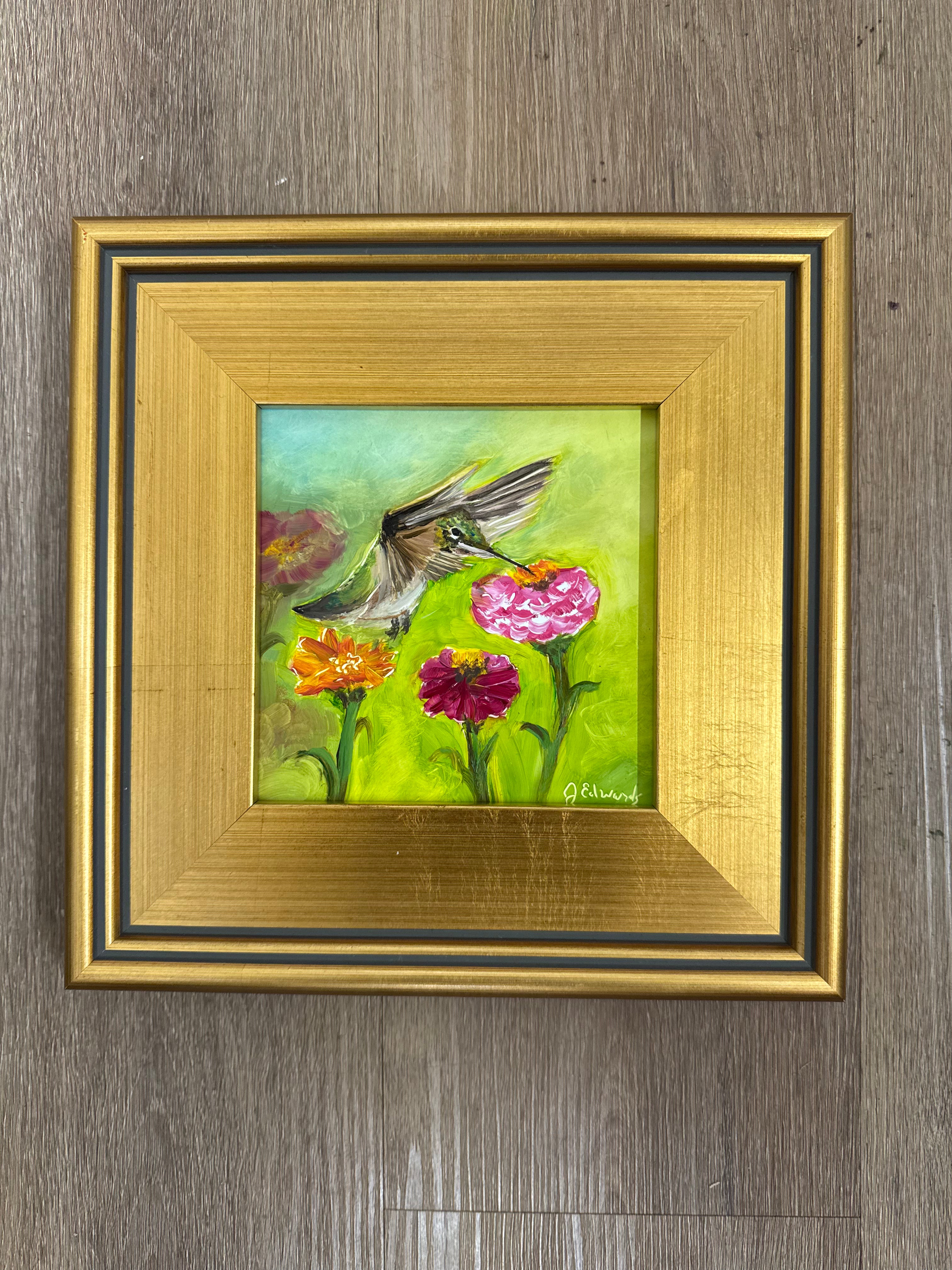 Jenifer Edwards Hummingbird with Zinnias 6x6