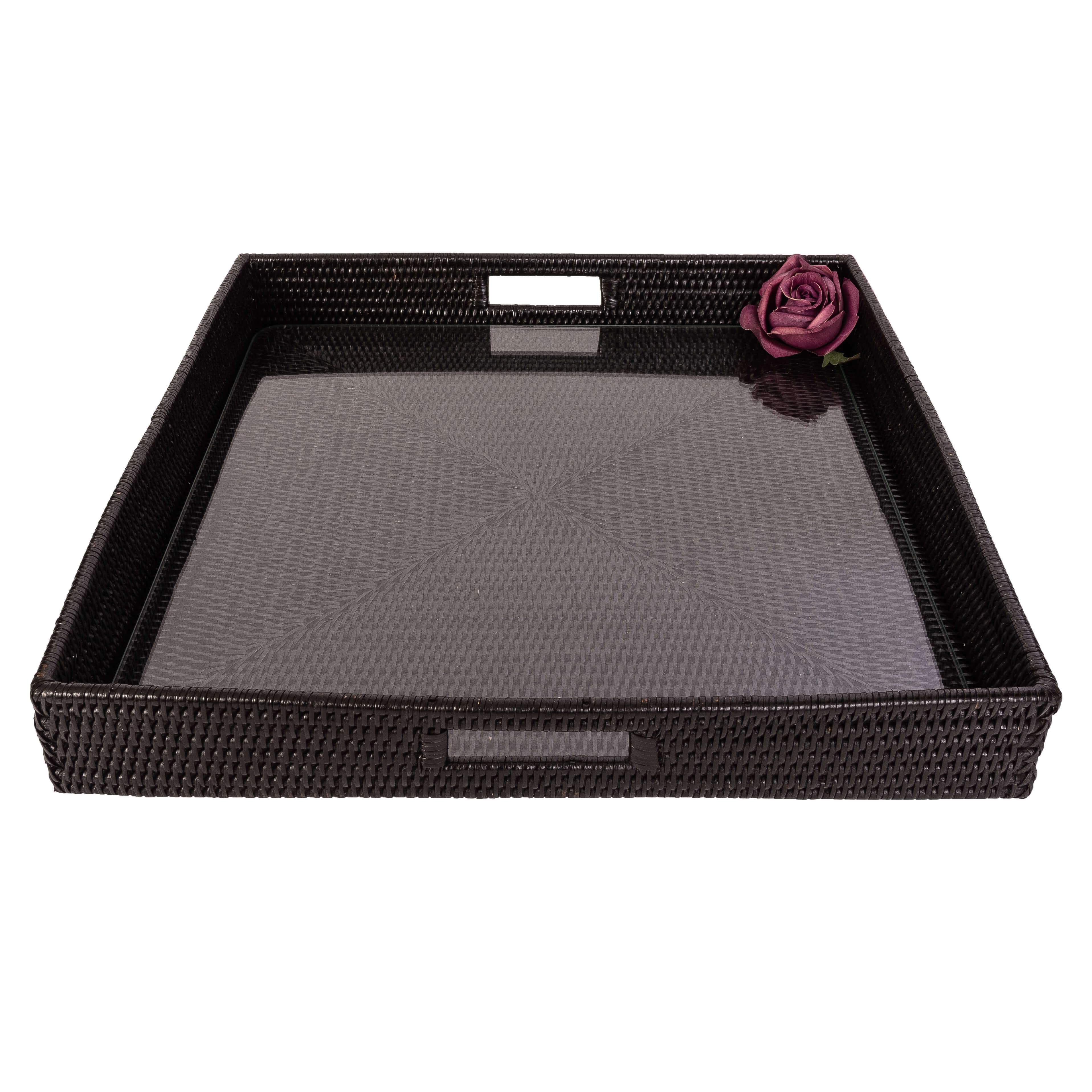 Rattan Square Serving Tray with Glass Insert
