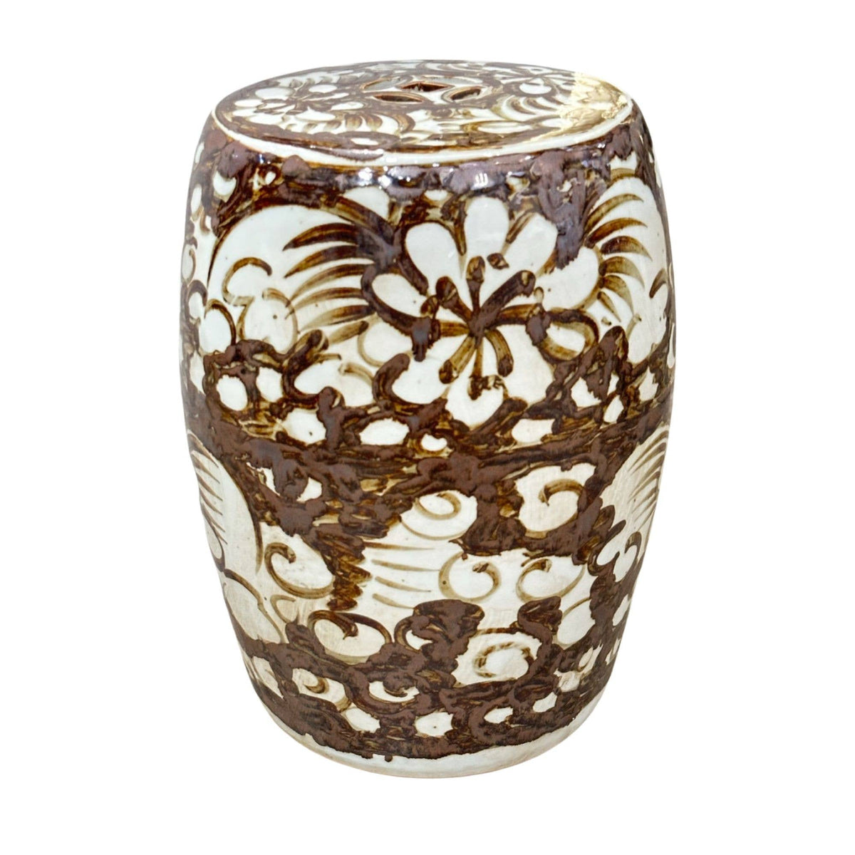 Rustic Brown Porcelain Garden Stool Twist Flower