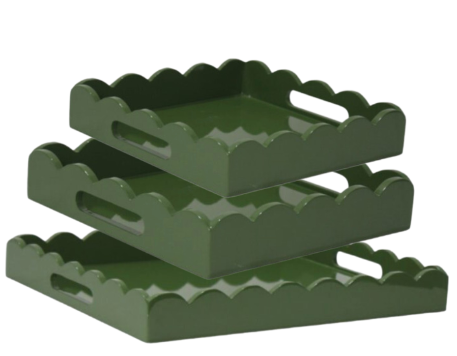 MOSS GREEN HIGH GLOSS SCALLOPED SERVING TRAY (3 SIZES)