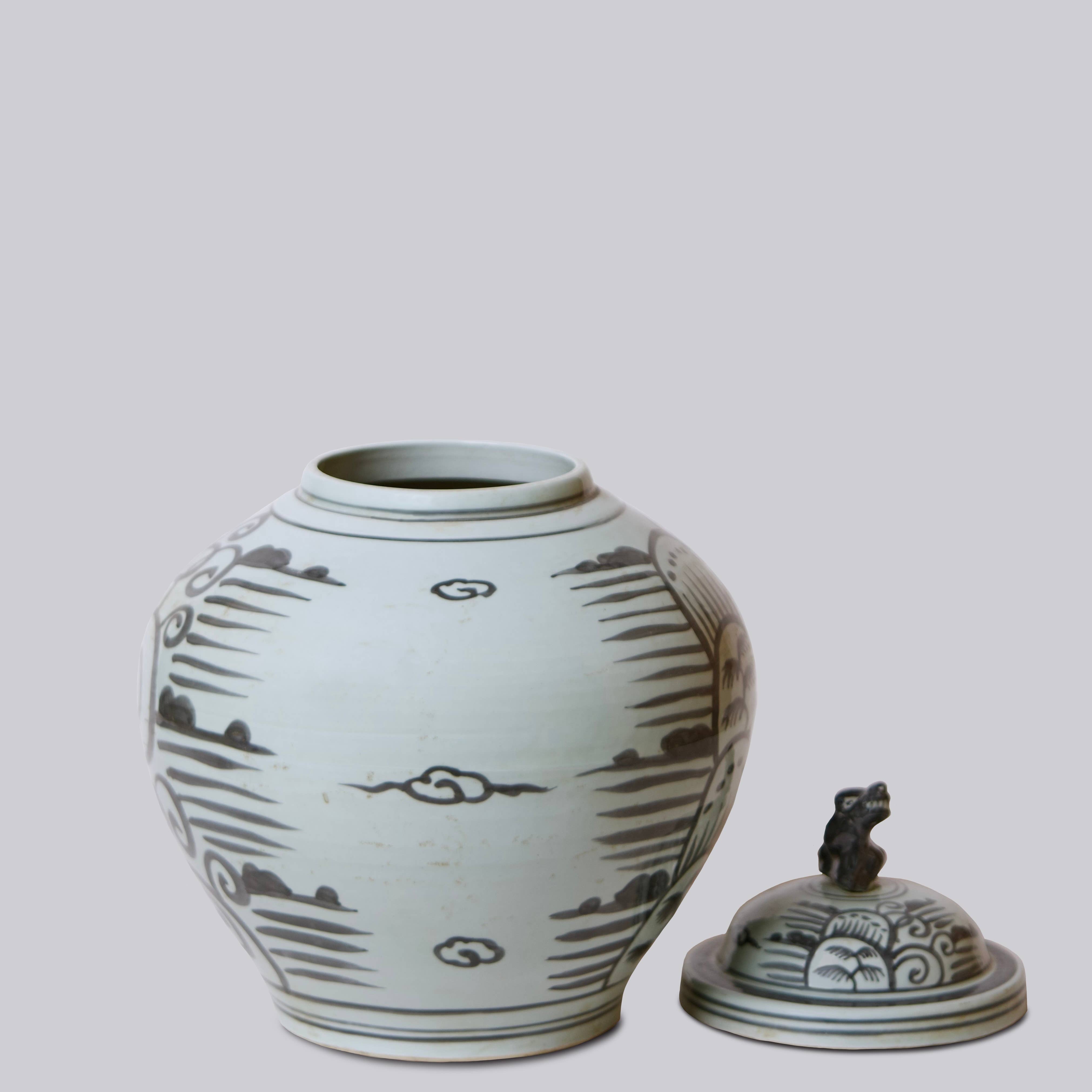 Rustic Grey and White Porcelain Mountain Landscape Jar