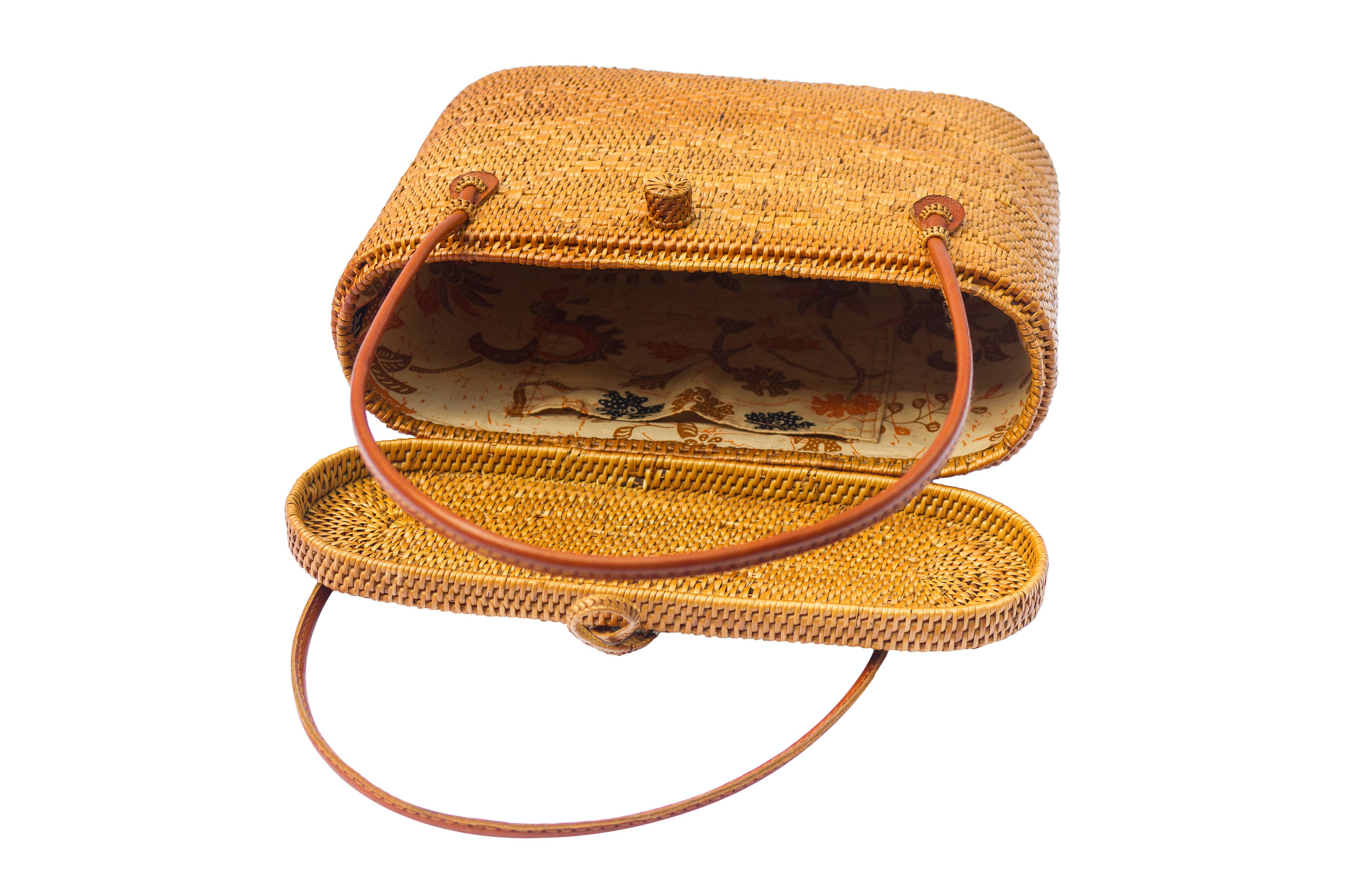 Flat Top Rattan Basket Shoulder Tote Bag