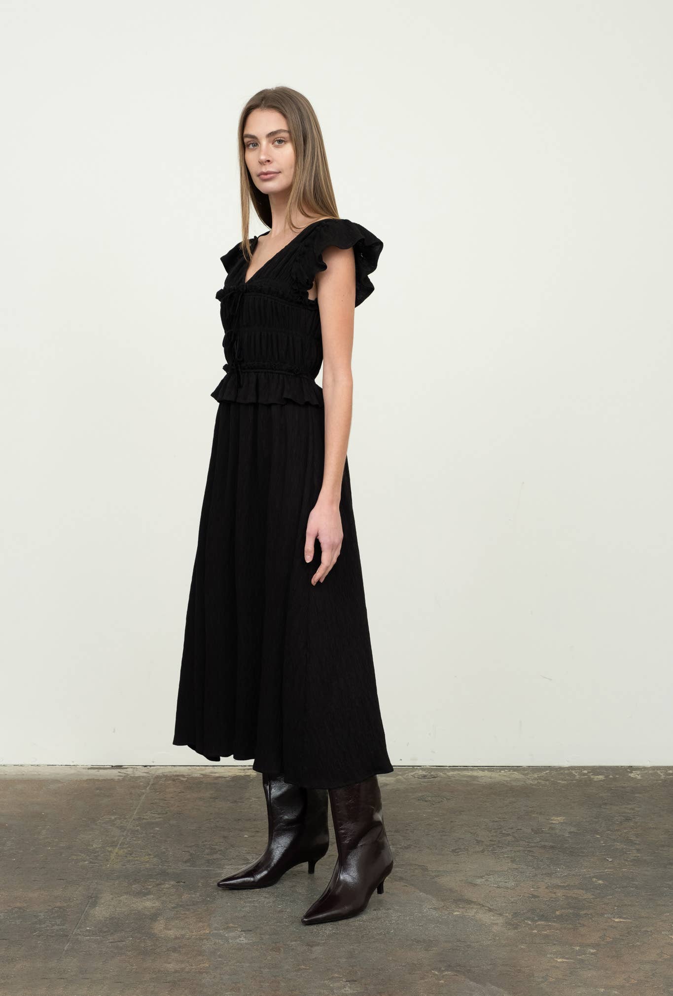 SHIRRED V NECK RUFFLE TRIM MIDI DRESS
