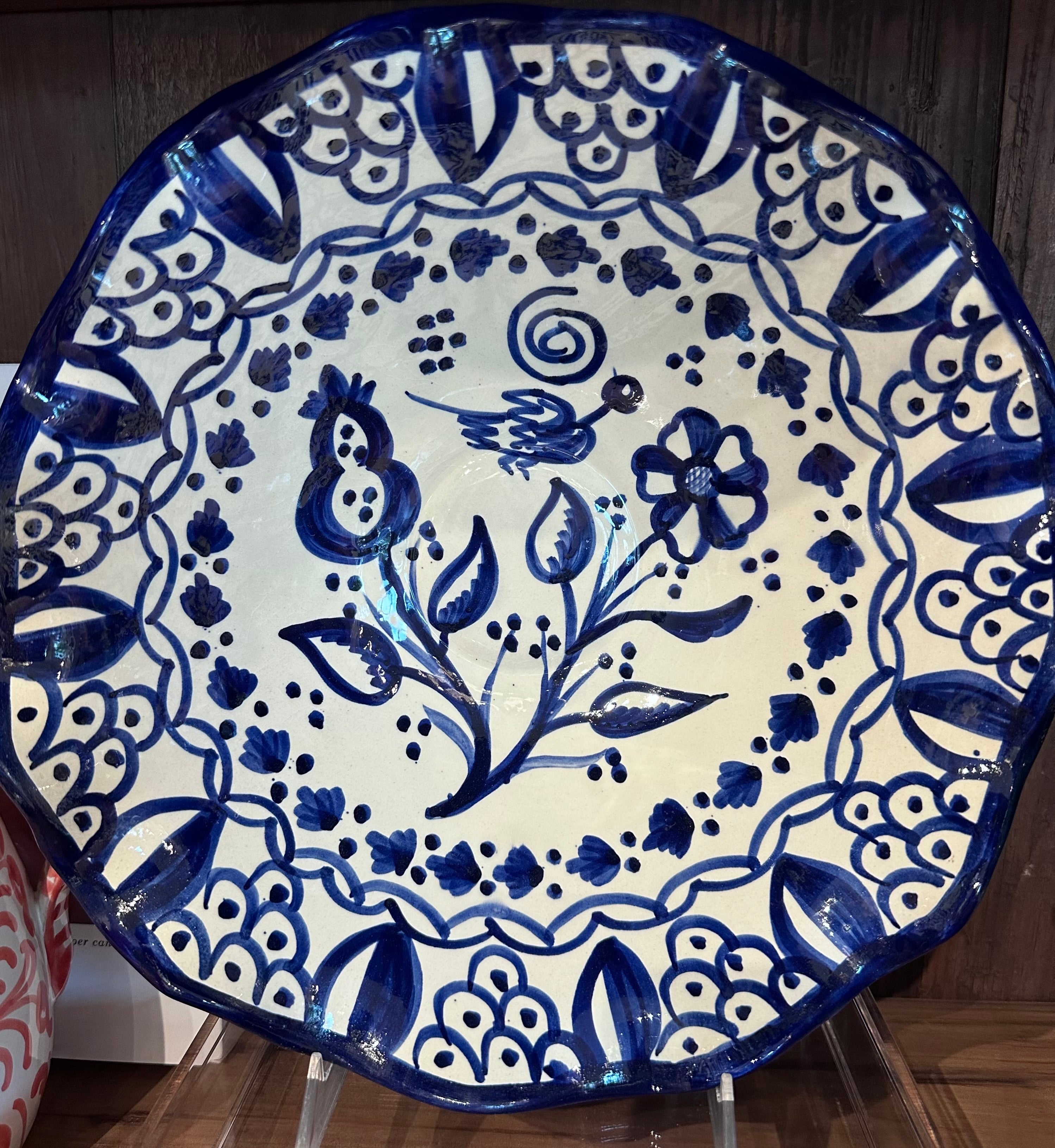 Large Scalloped Edge Serving Bowl - Blue and White