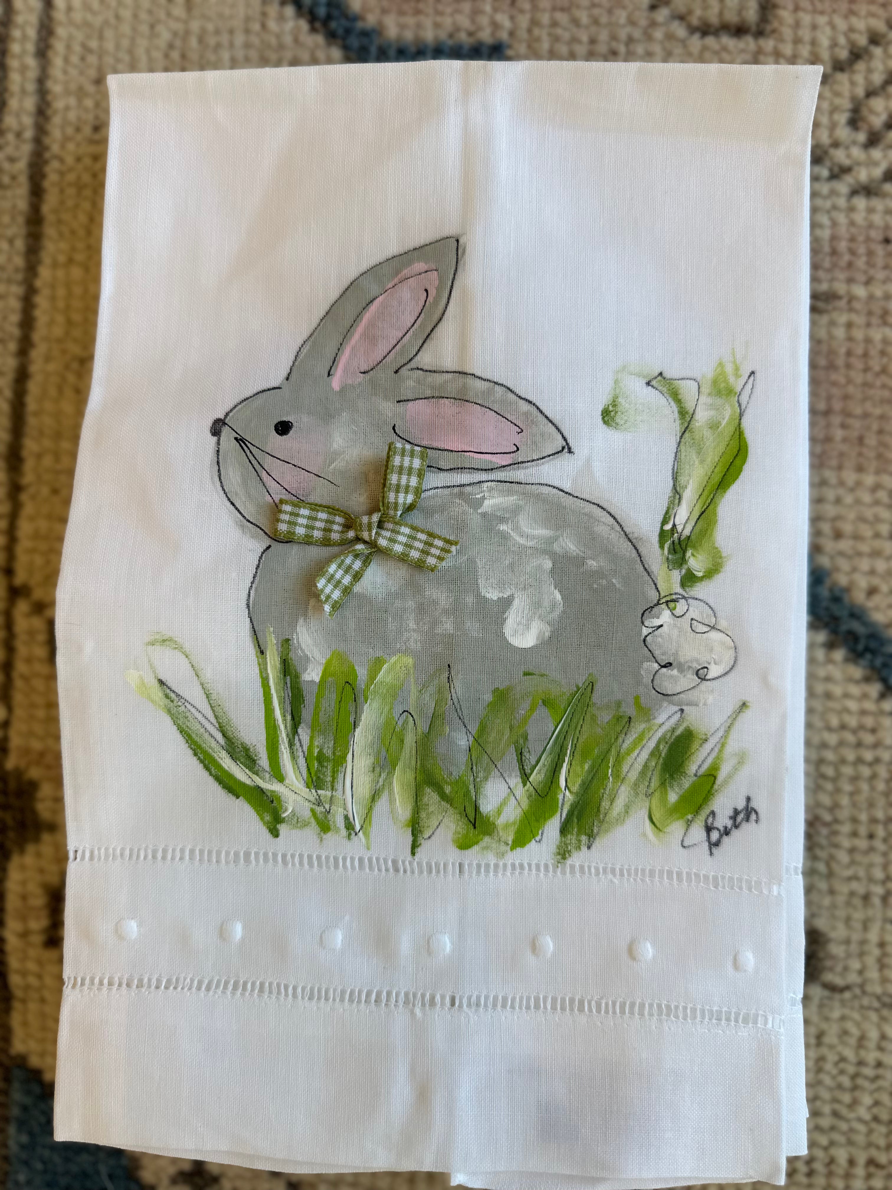 Hand Painted Bunny Swiss Dot Tea Towel