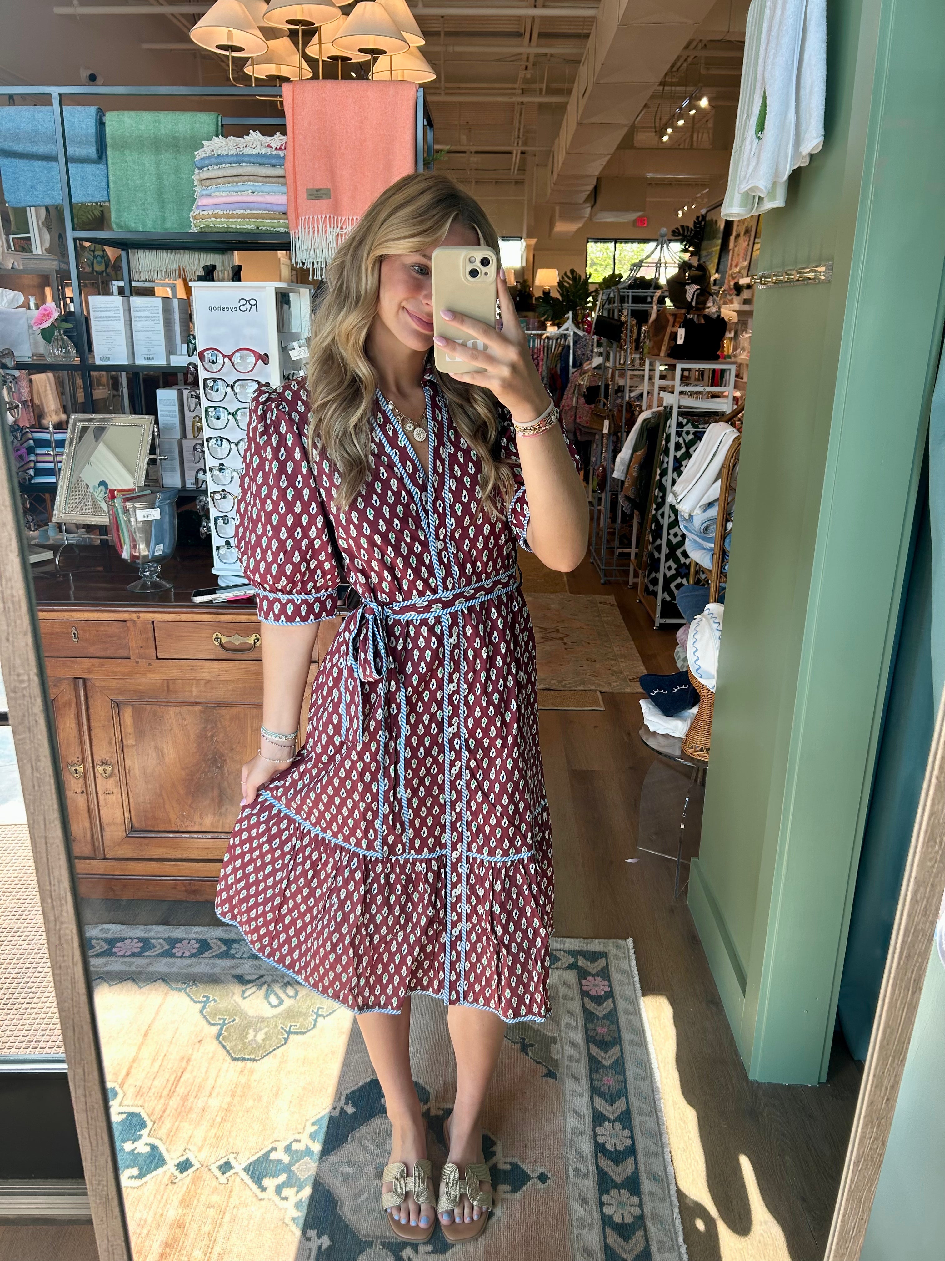 Puff Sleeve Print Midi Dress