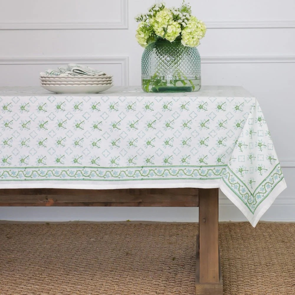 India Hicks Cuban Flower Tablecloth - Palladian Blue & Soft Sage