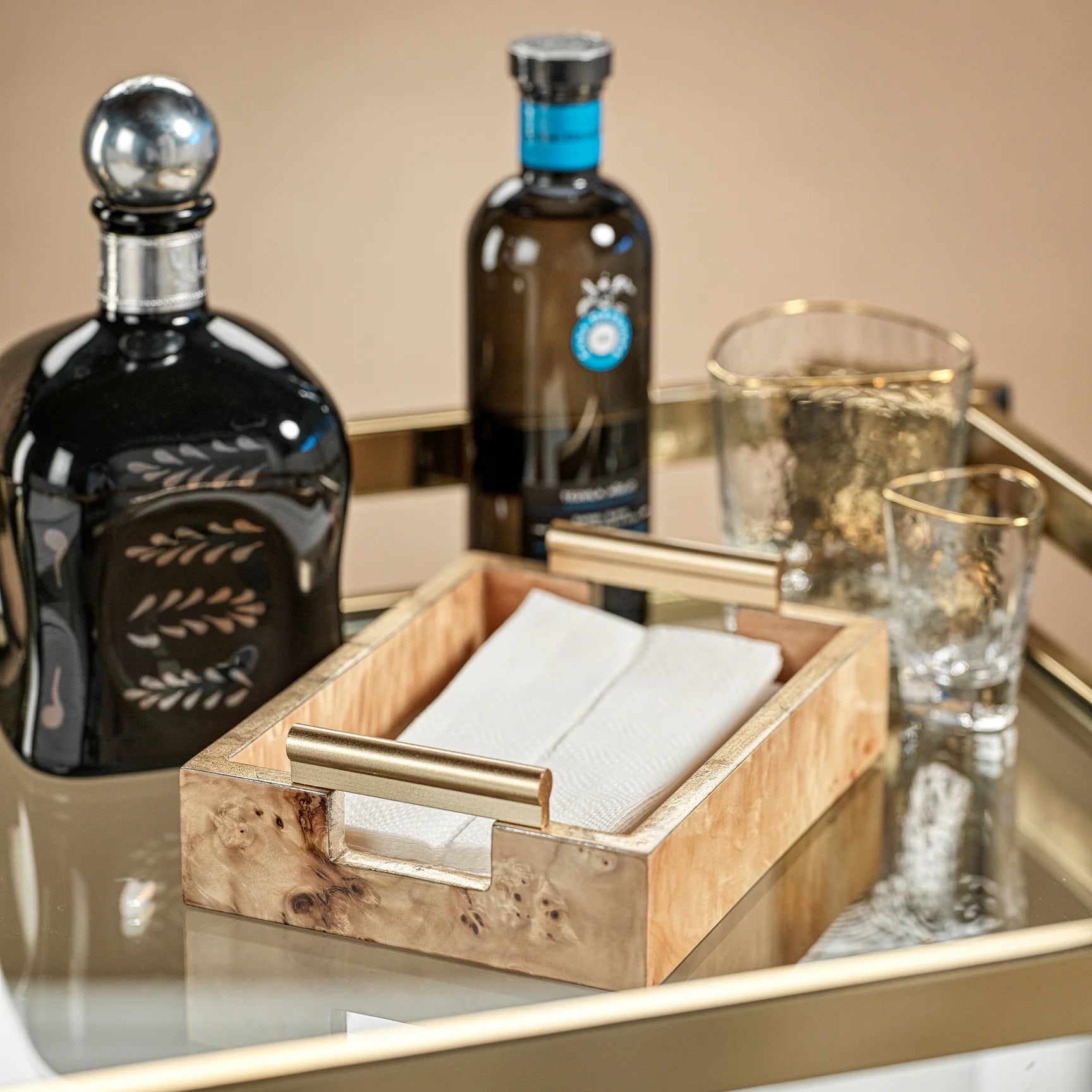 Leiden Burl Wood Rectangular All Purpose / Napkin Tray with Gold Handles