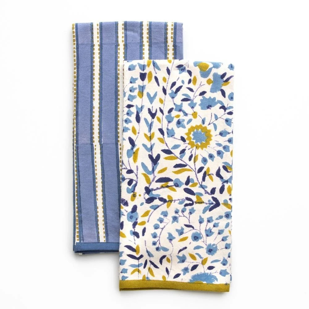 Starflower Blue & Ochre/Dotted Stripe Blue Tea Towel