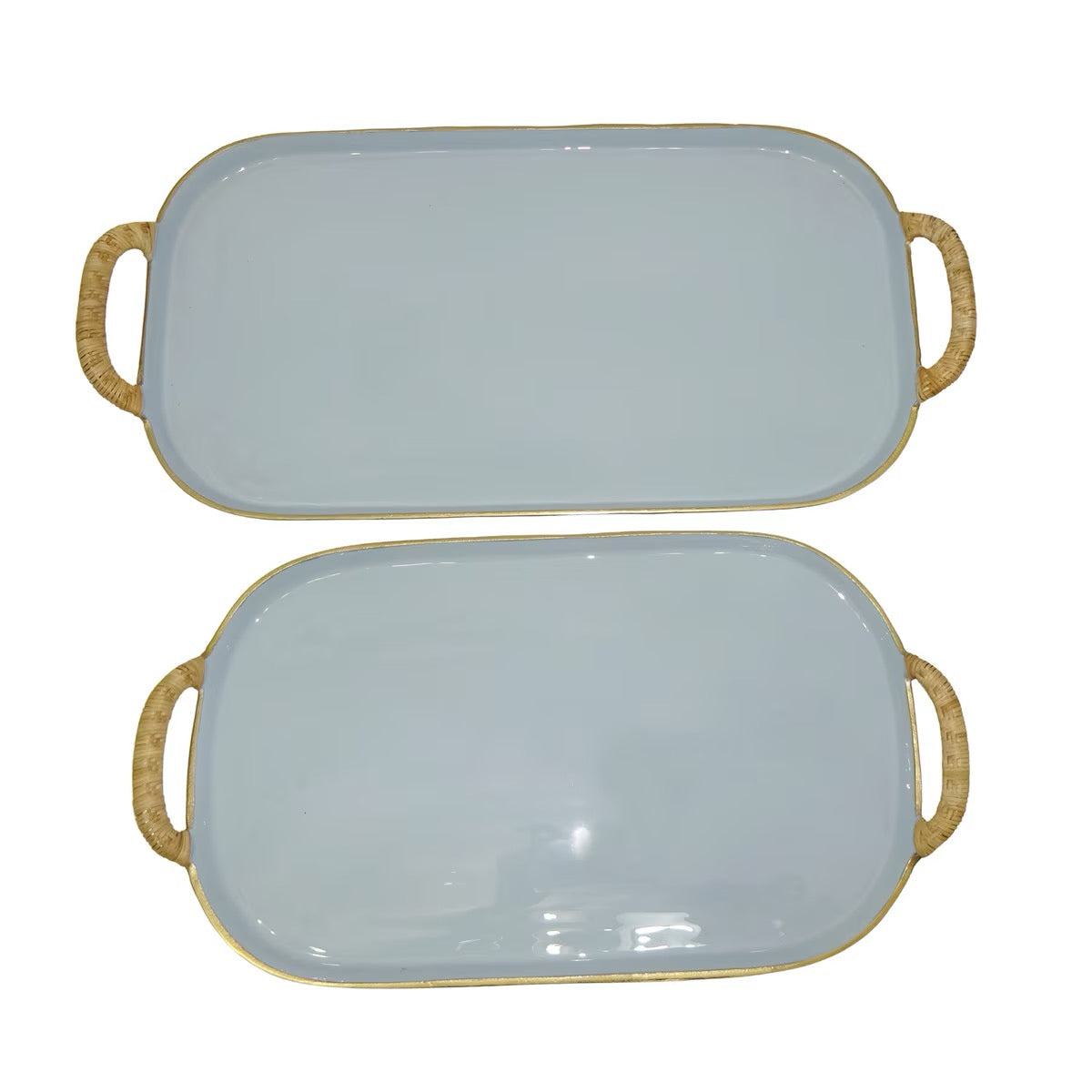 Enamel Metal Tray with Rattan Handles - Blue/Gold