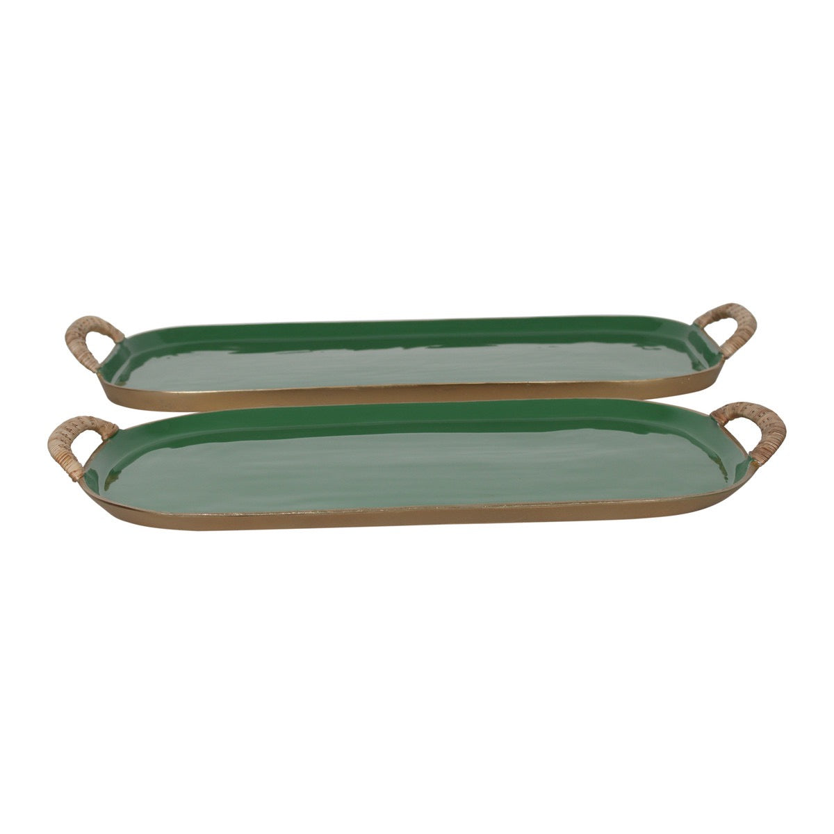 Enamel Metal Tray with Rattan Handles - Green/Gold