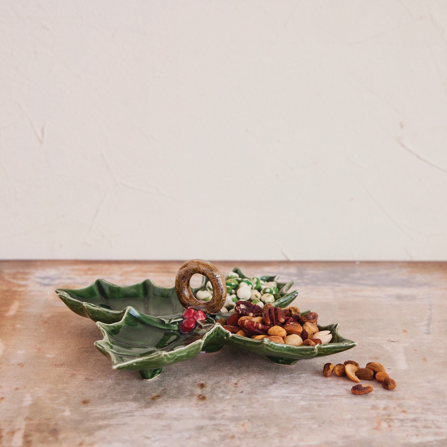 Ceramic Holly Leaf Shaped Dish with 4 Sections & Handle