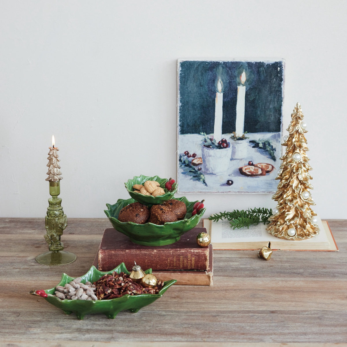 Hand-Painted Holly Leaves Shaped Bowl with Berries
