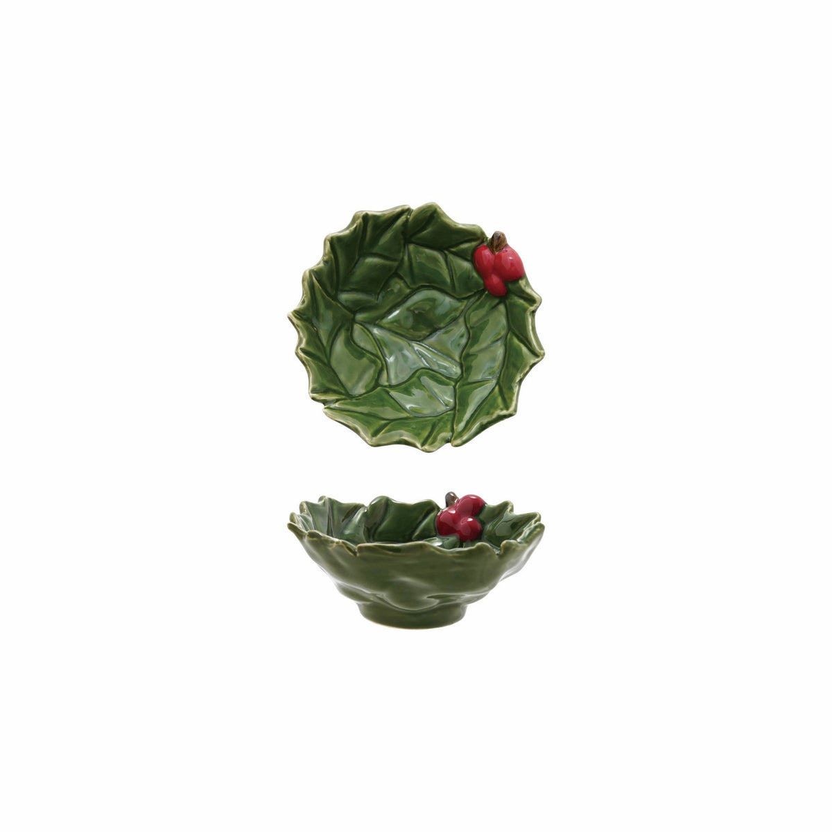 Hand-Painted Holly Leaves Shaped Bowl with Berries