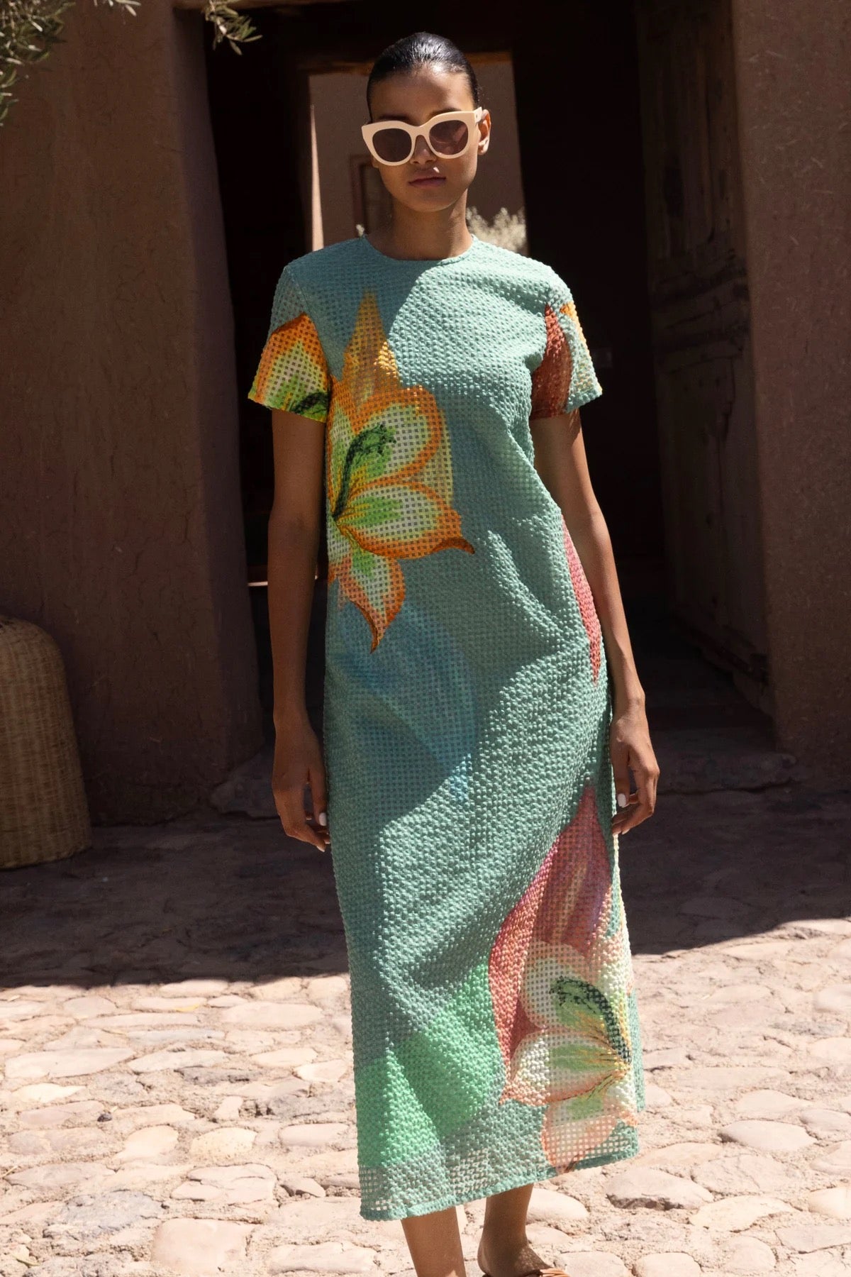 Short Sleeve Shift Maxi- Sage Hibiscus