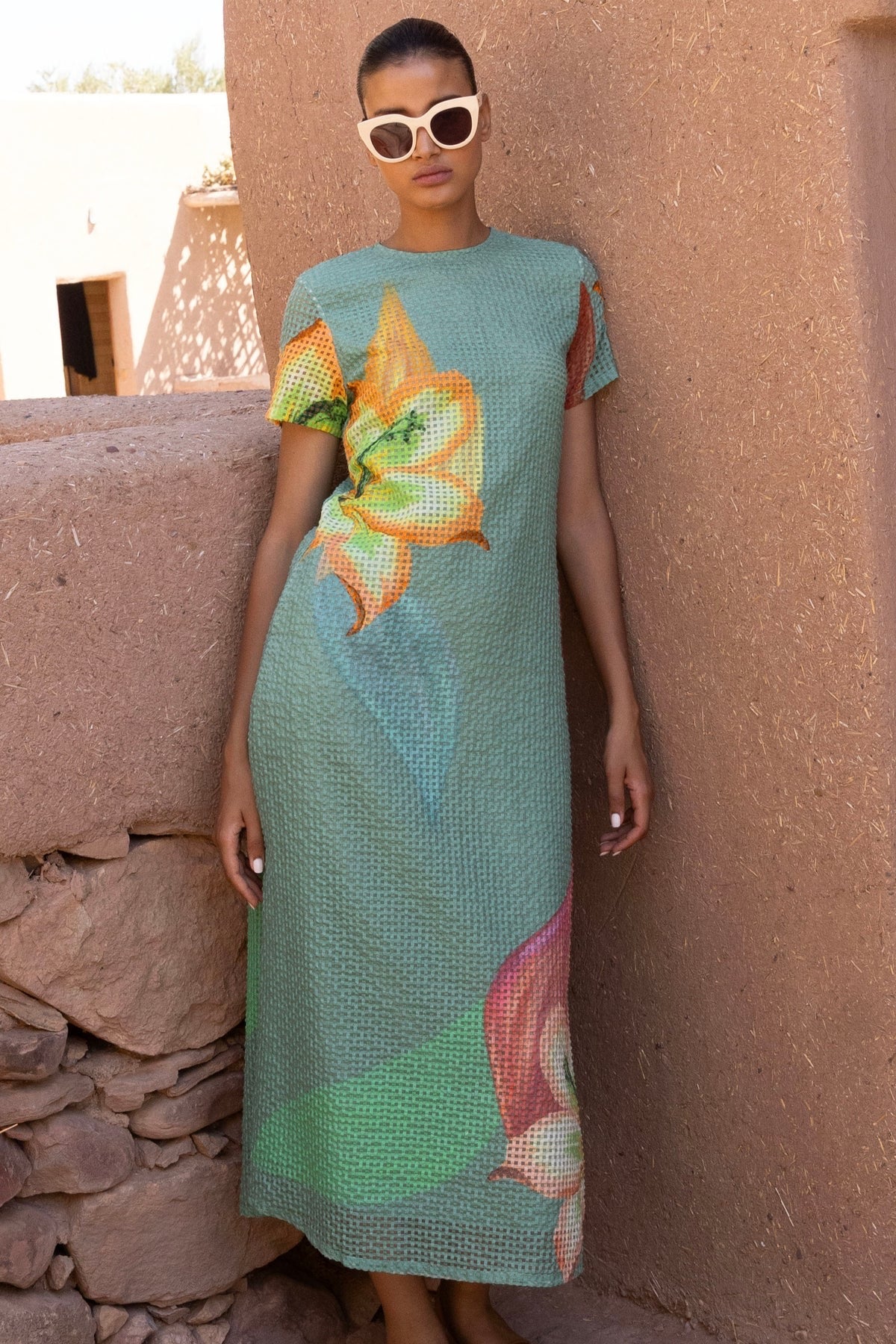 Short Sleeve Shift Maxi- Sage Hibiscus