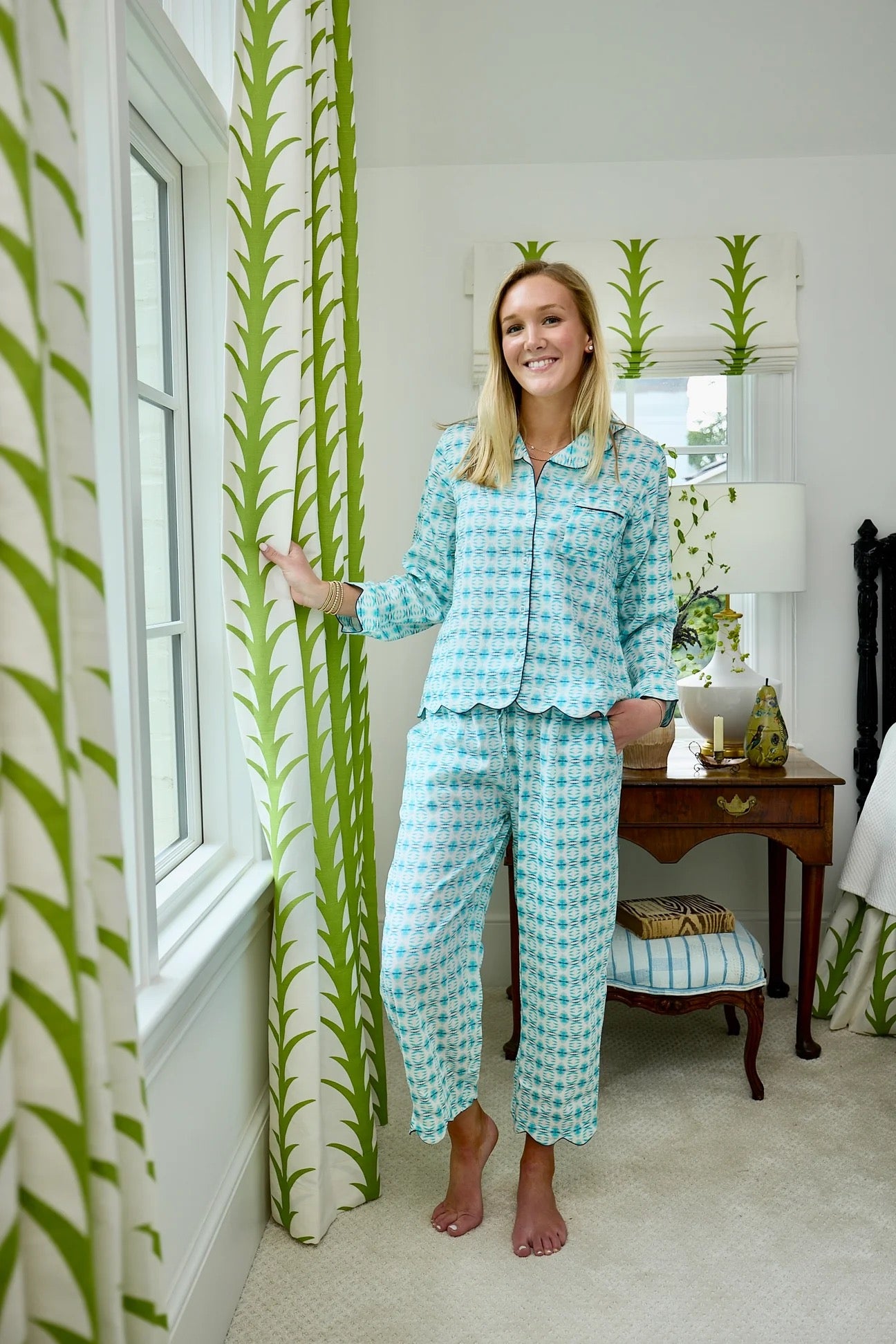 Long Scalloped Pajama Set - Cameron Blue