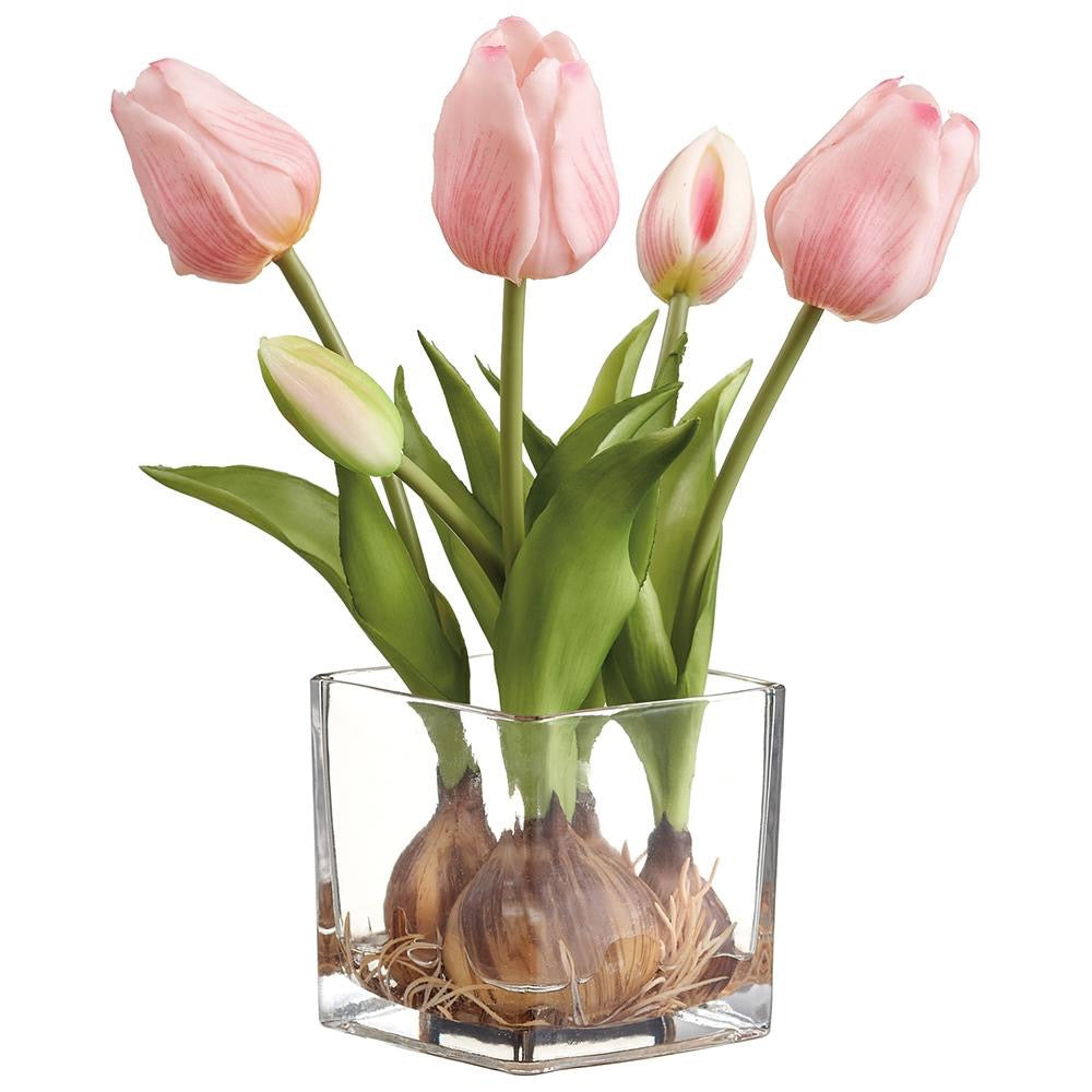 9" Tulip w/ Bulb in Glass Vase - Pale Pink
