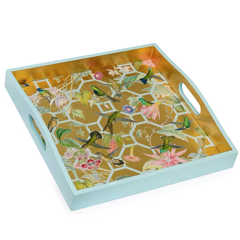 Hummingbird Square Trellis Lacquer Vanity Tray in Gold