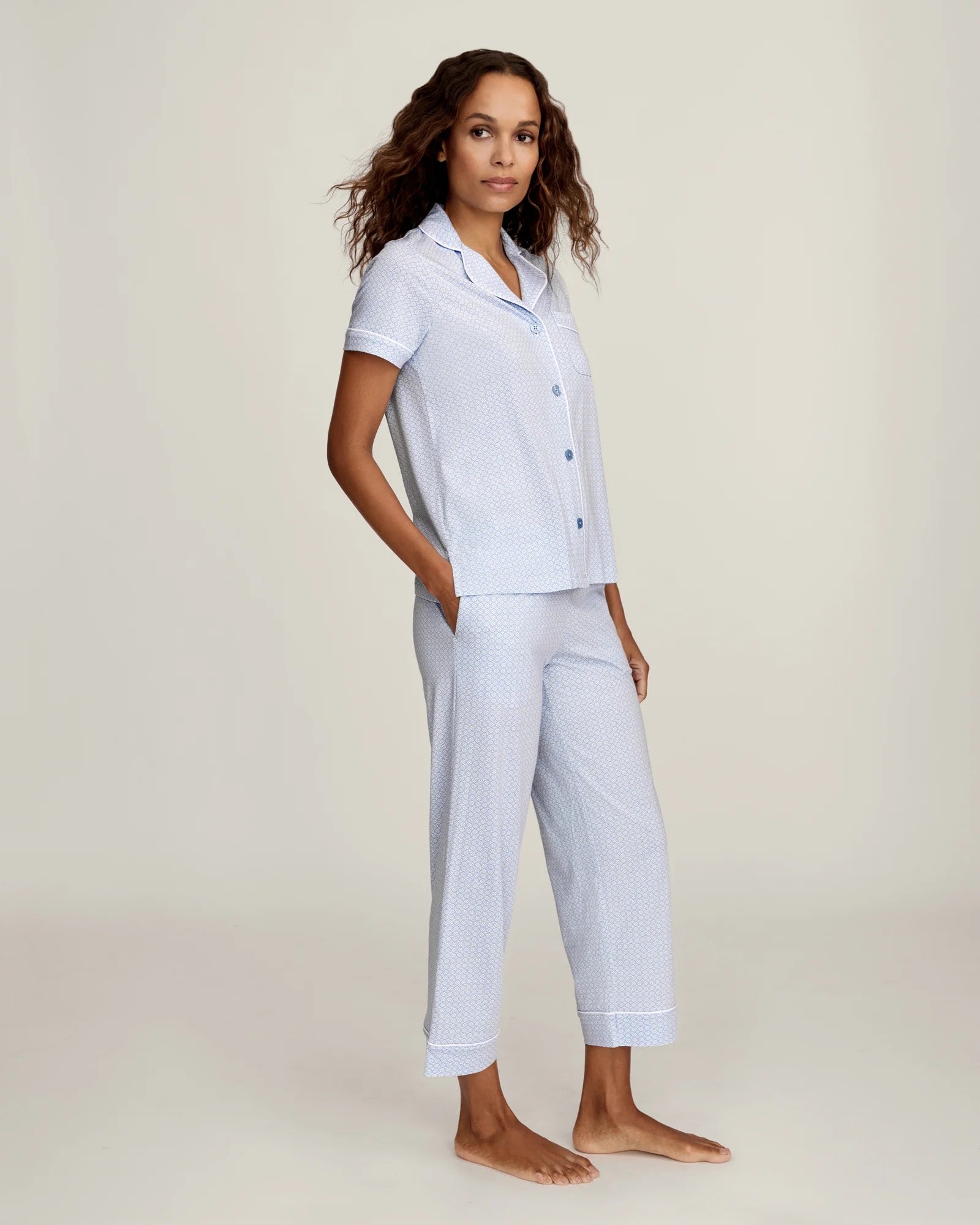 Women's Lightweight Pima Cropped Pajama Set in Periwinkle Geo