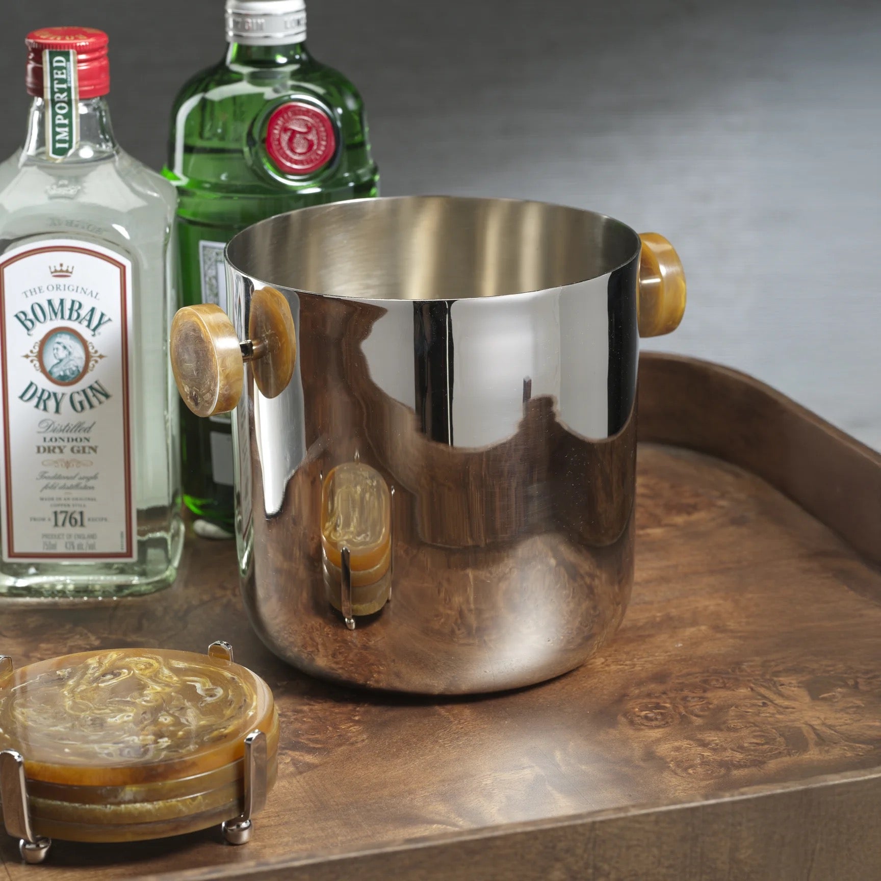 Spiga Ice Bucket - Nickel with Amber Accent and Tongs
